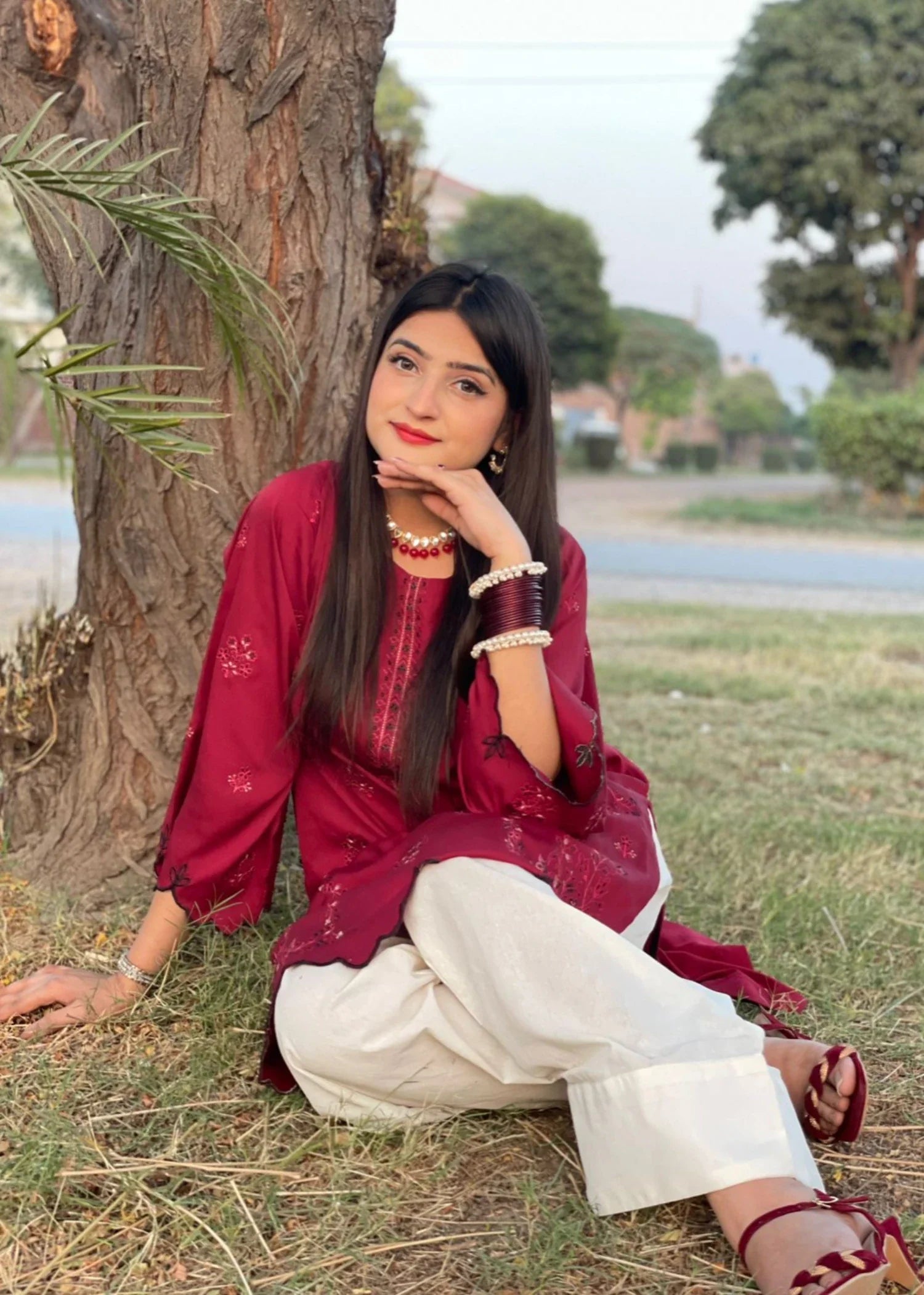 raw silk Kurta Set in Blood red, cream