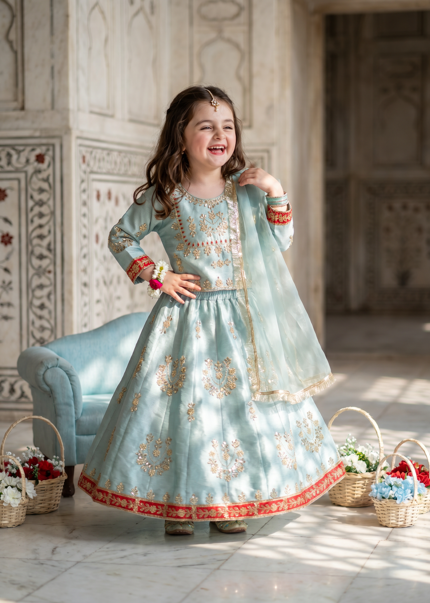 indian raw silk Lehenga in Ice blue