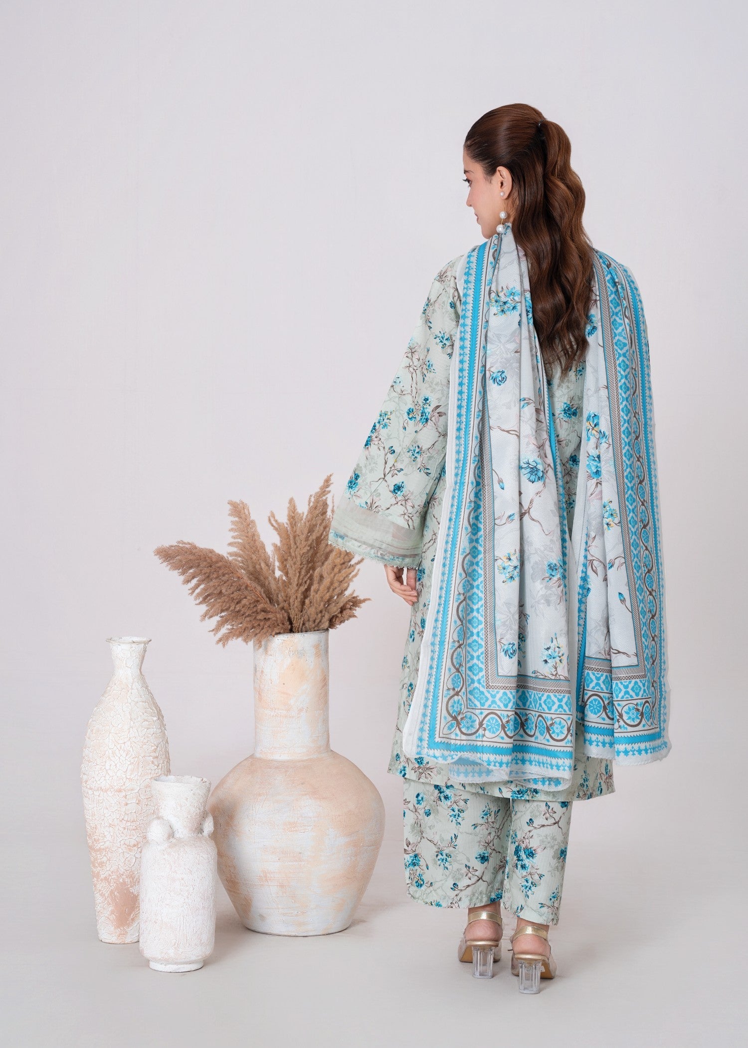 khaddar Kurta Set in White, sky blue