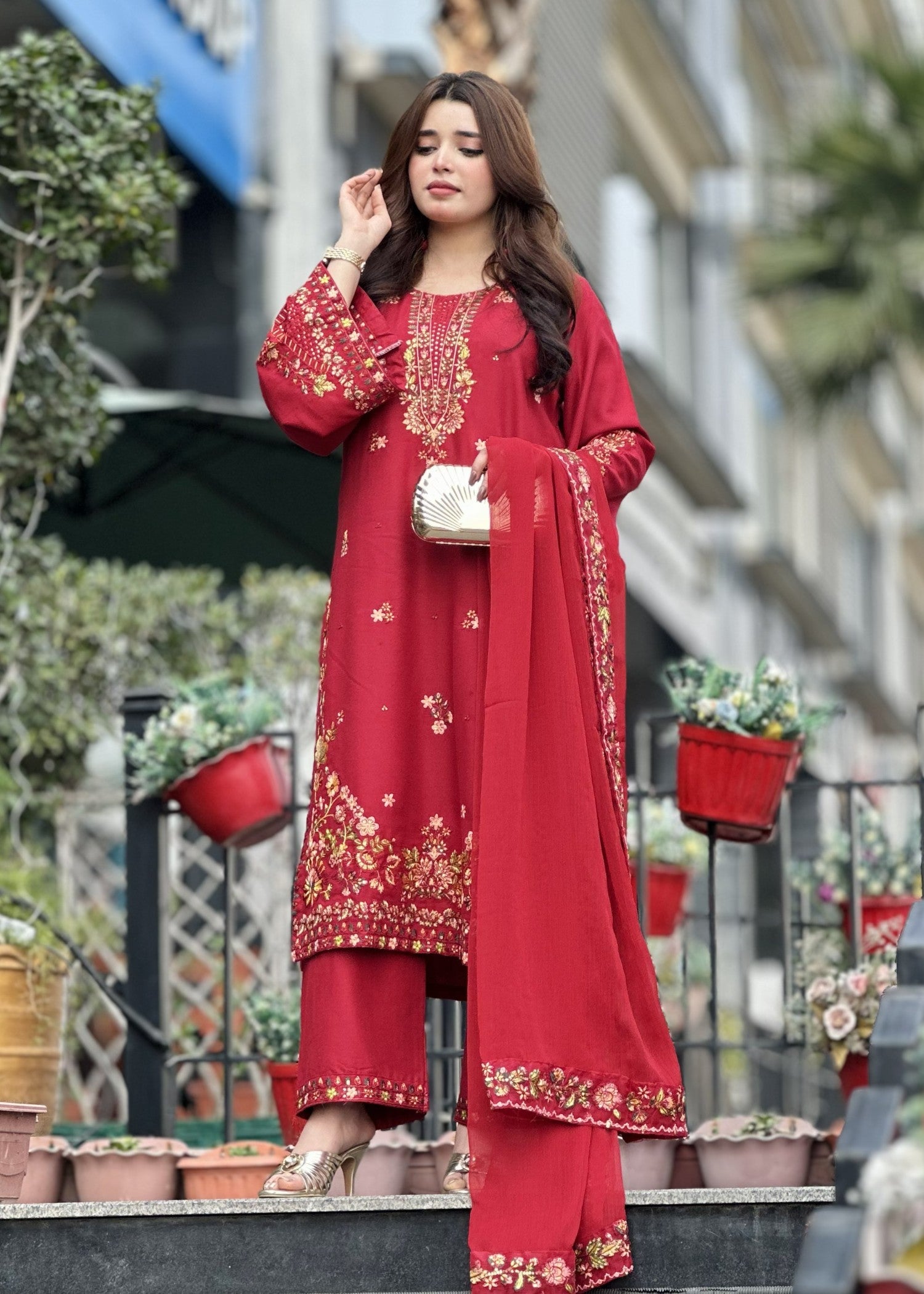 lawn cotton Kurta Set in Amaranth