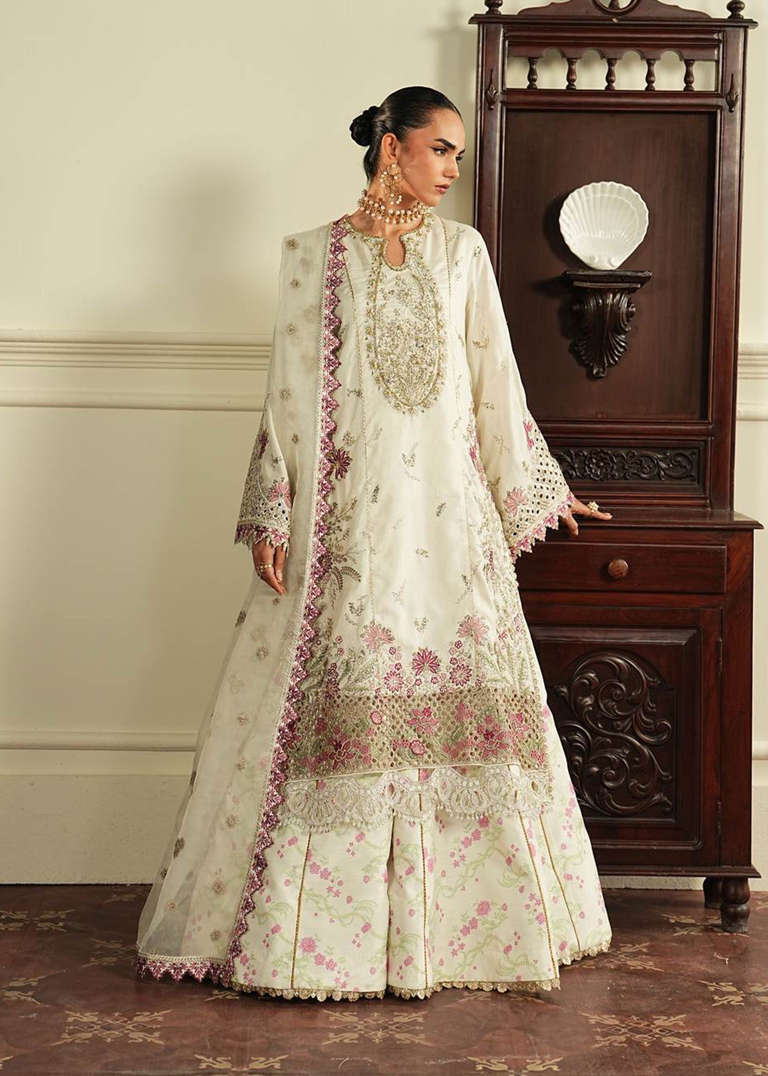 korean raw silk Sharara in White
