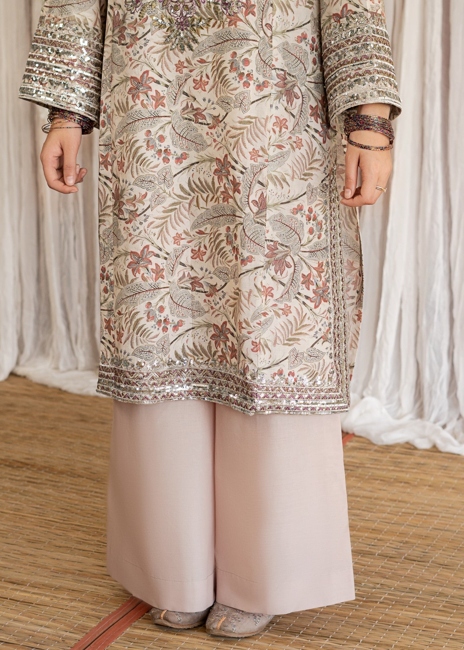 lawn Kurta Set in Peach pink, antique white