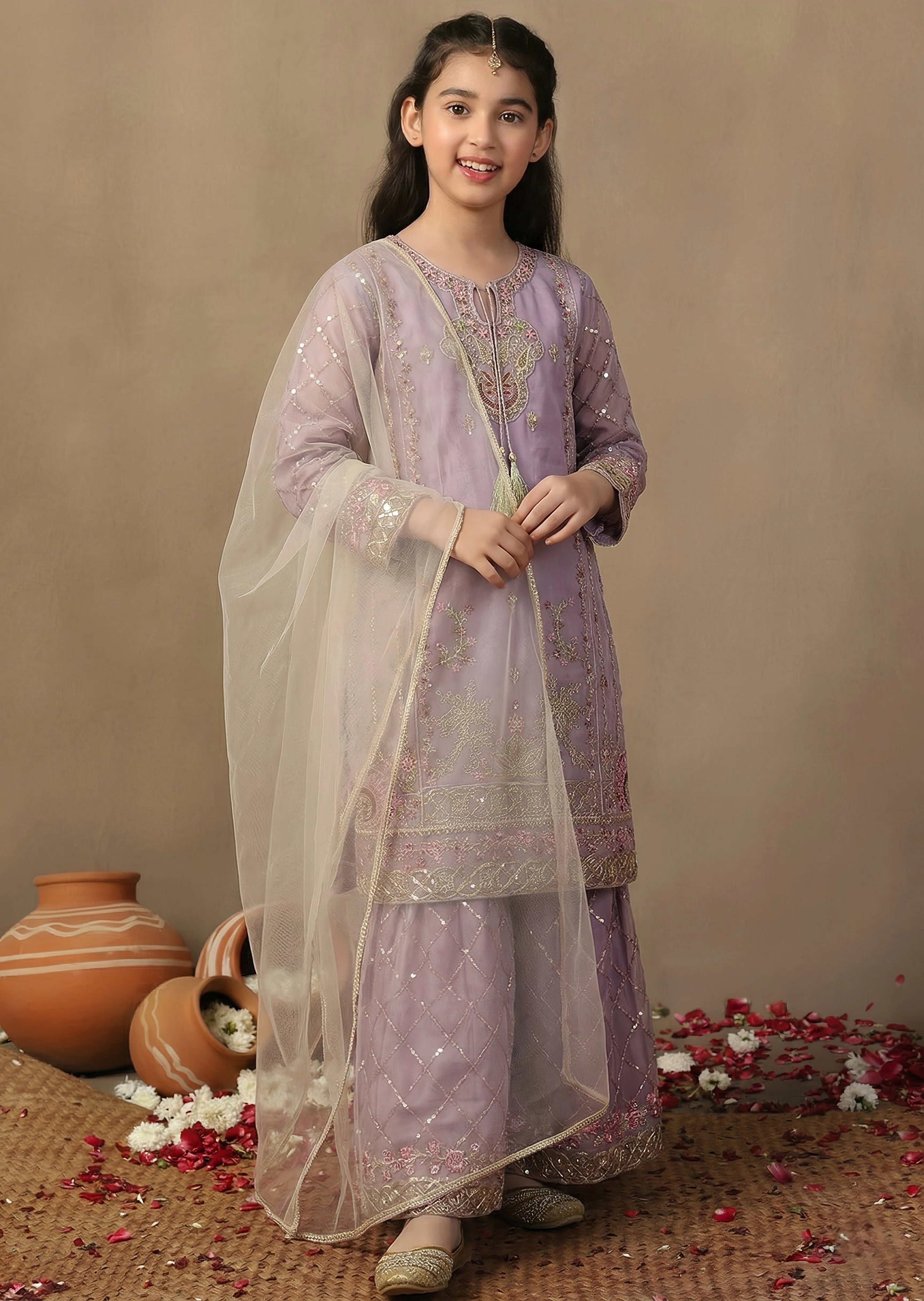 organza Gharara in Lilac