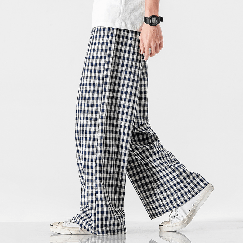 Summer plus Size Chinese Style Cotton and Linen Plaid Baggy Pants
