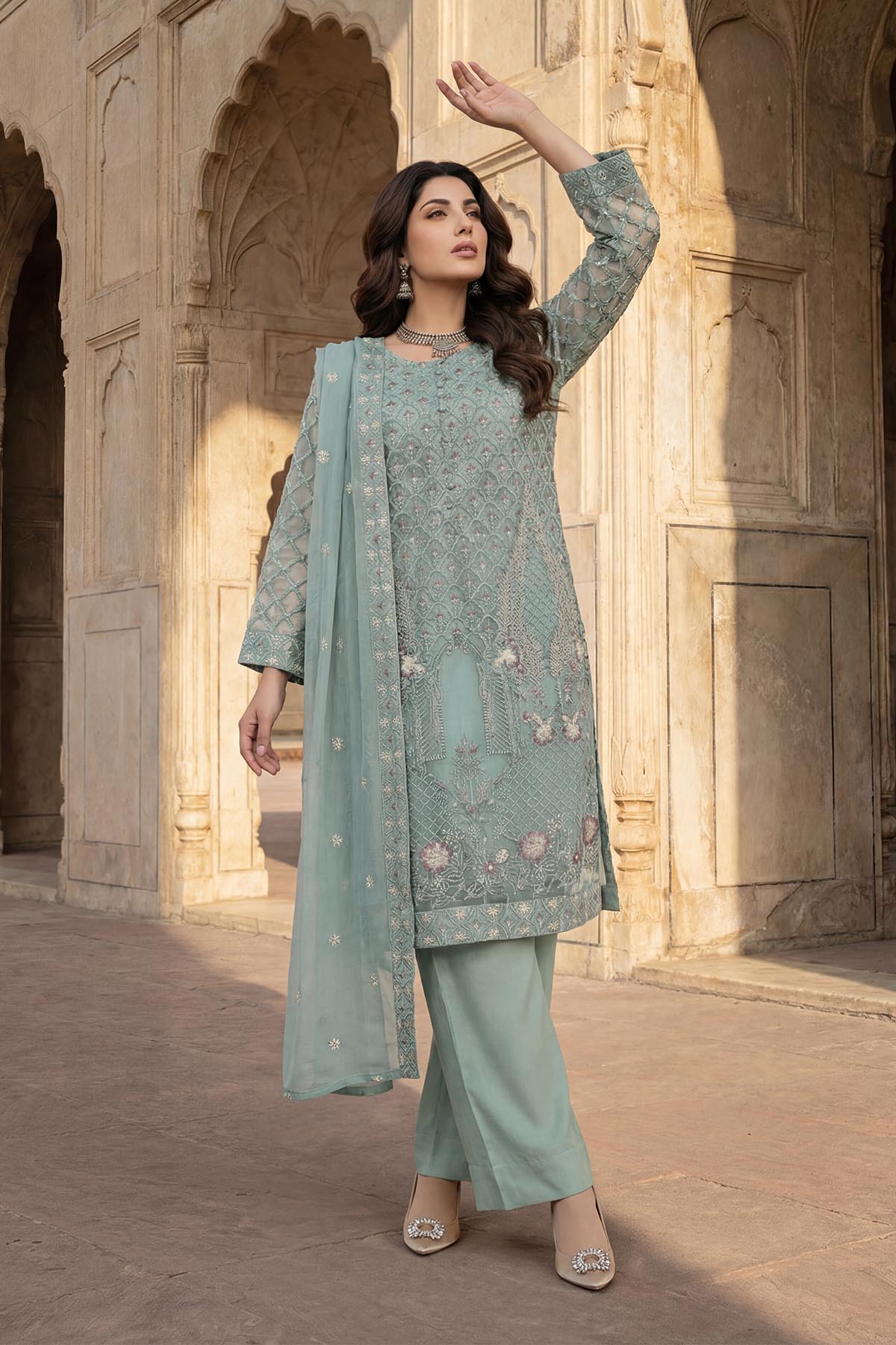 silk cotton net Kurta Set in Pastel green