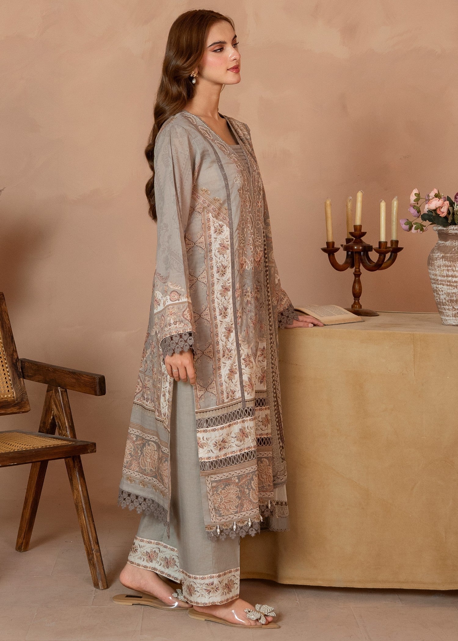 slub lawn Kurta Set in Battleship grey