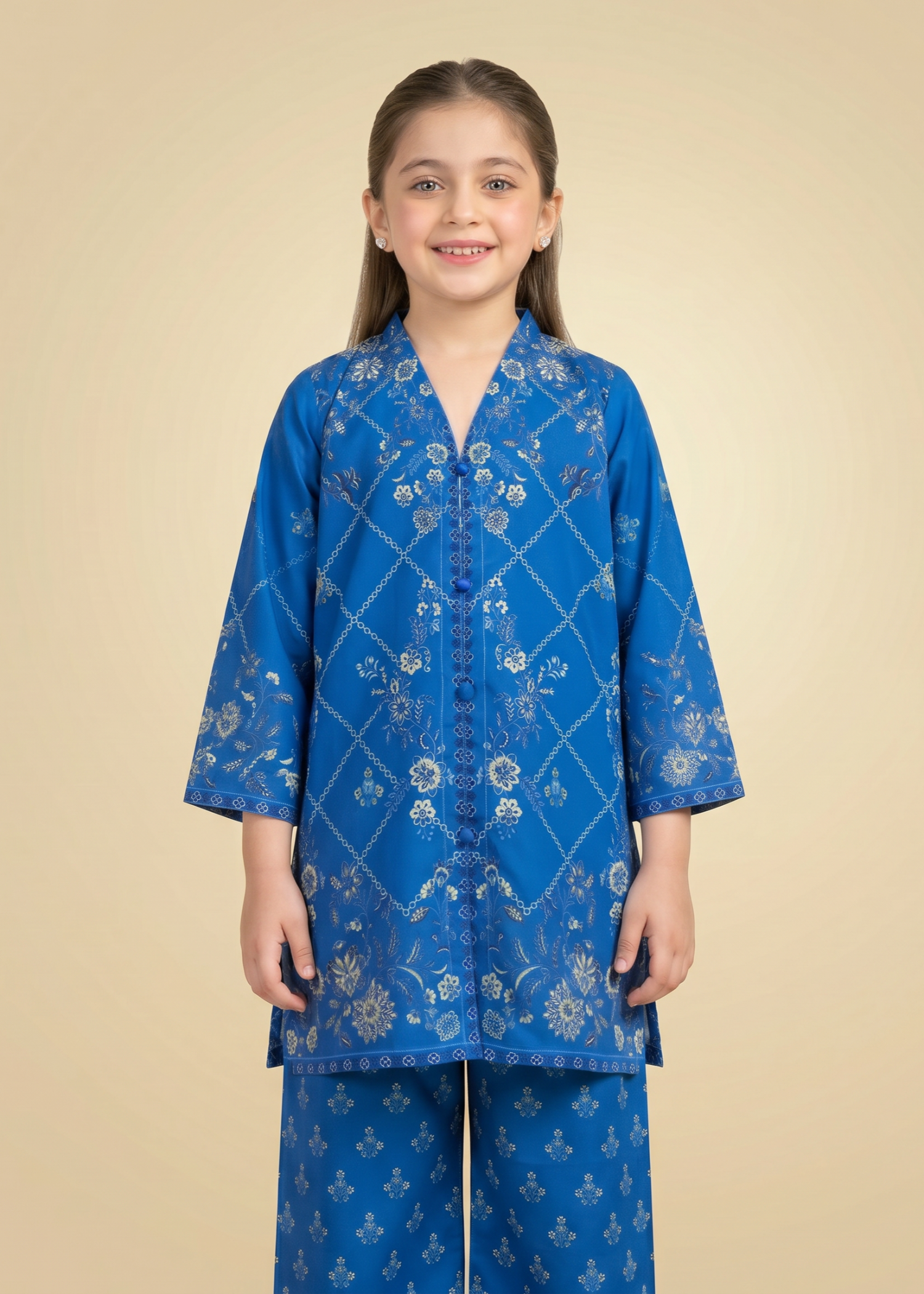 polyester crepe Kurta Set in Royal blue