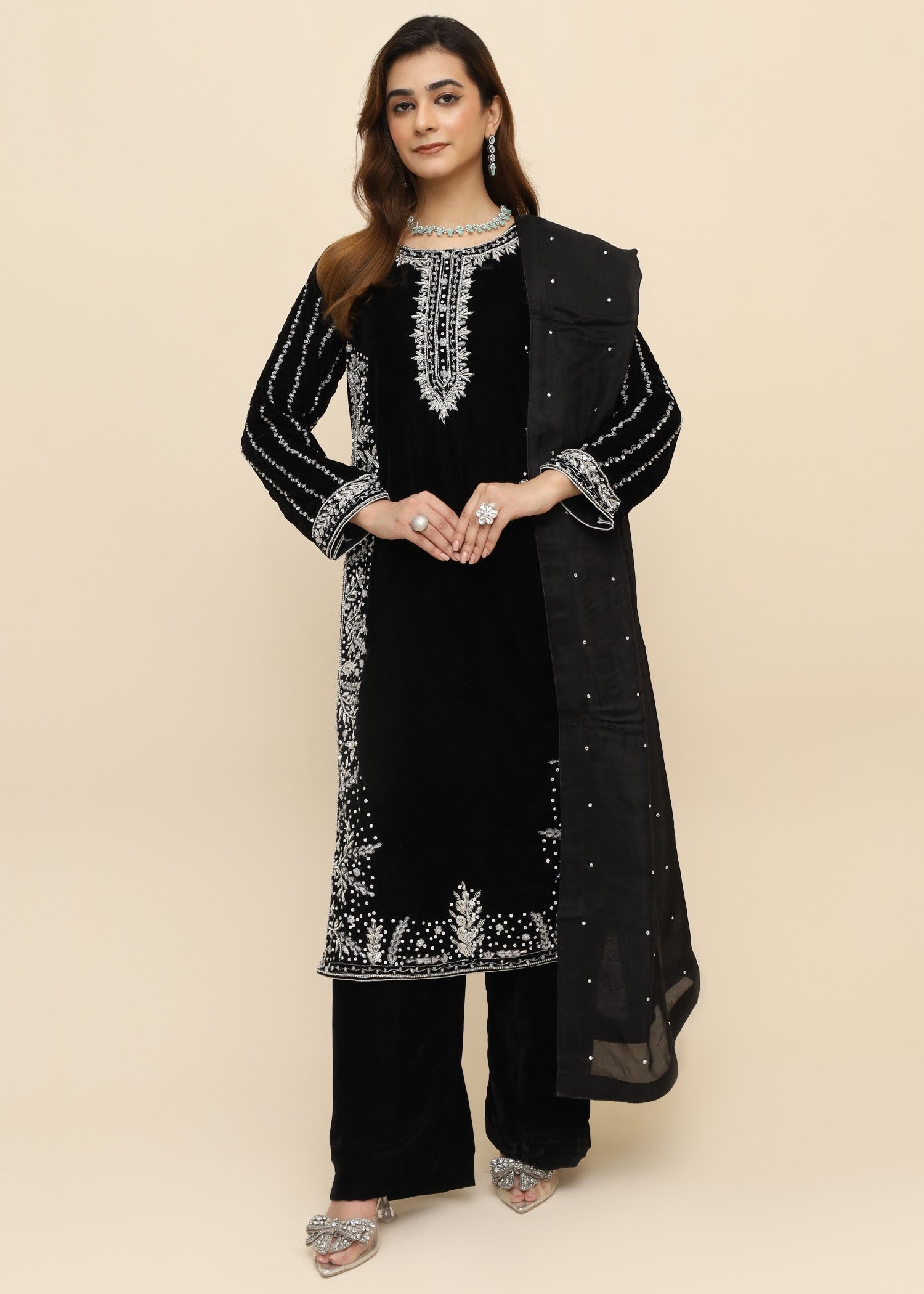 velvet Kurta Set in Black