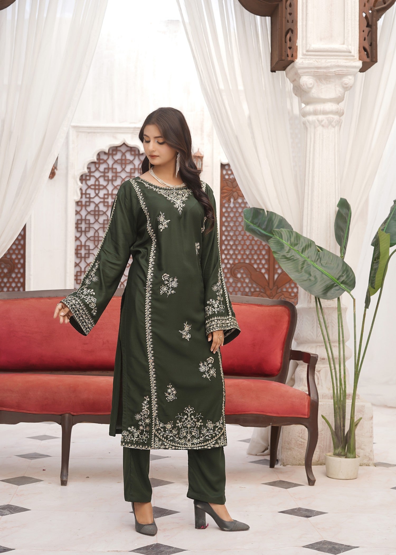 arabic lawn Kurta Set in Green