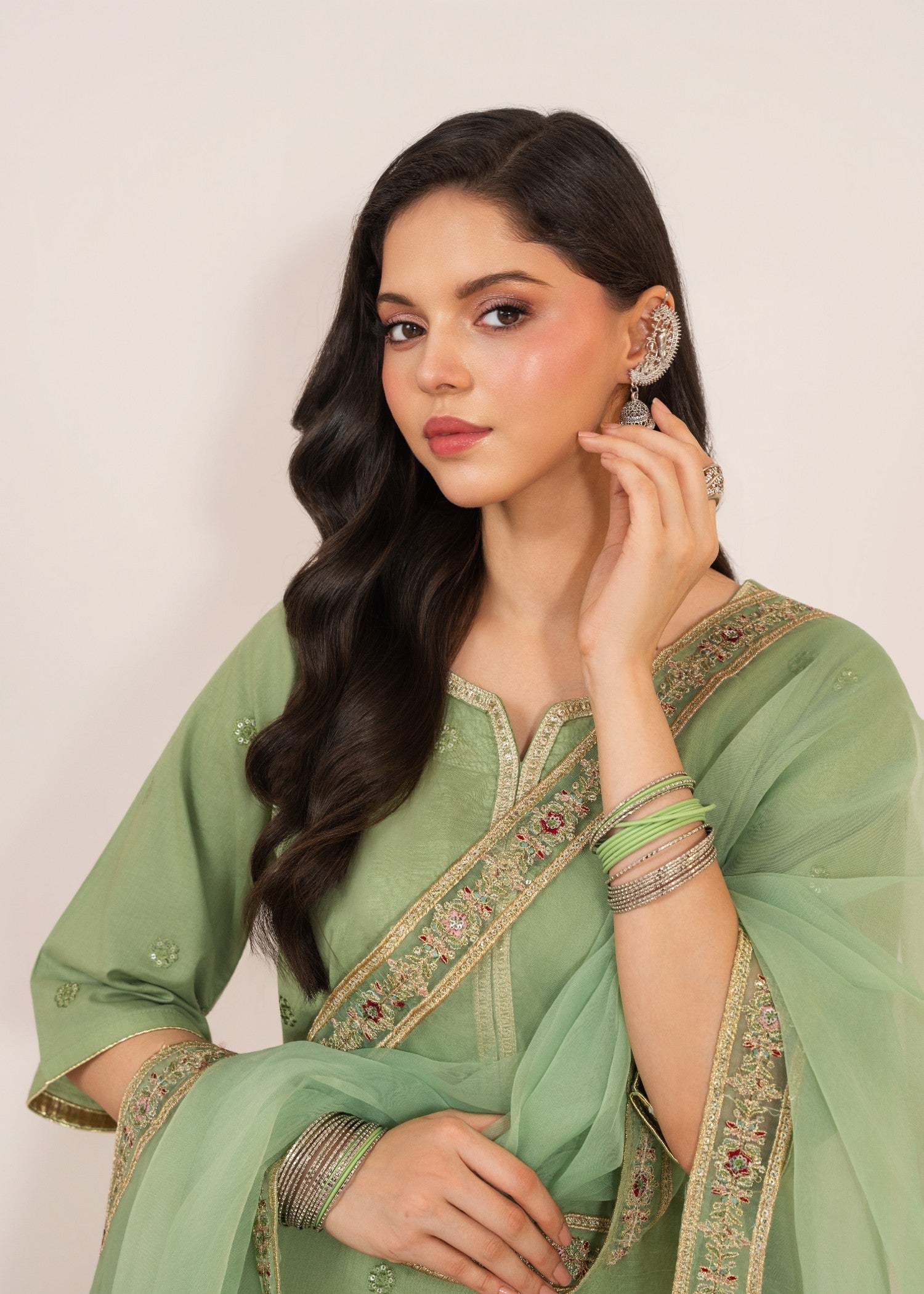 lawn Kurta Set in Pistachio green, gold