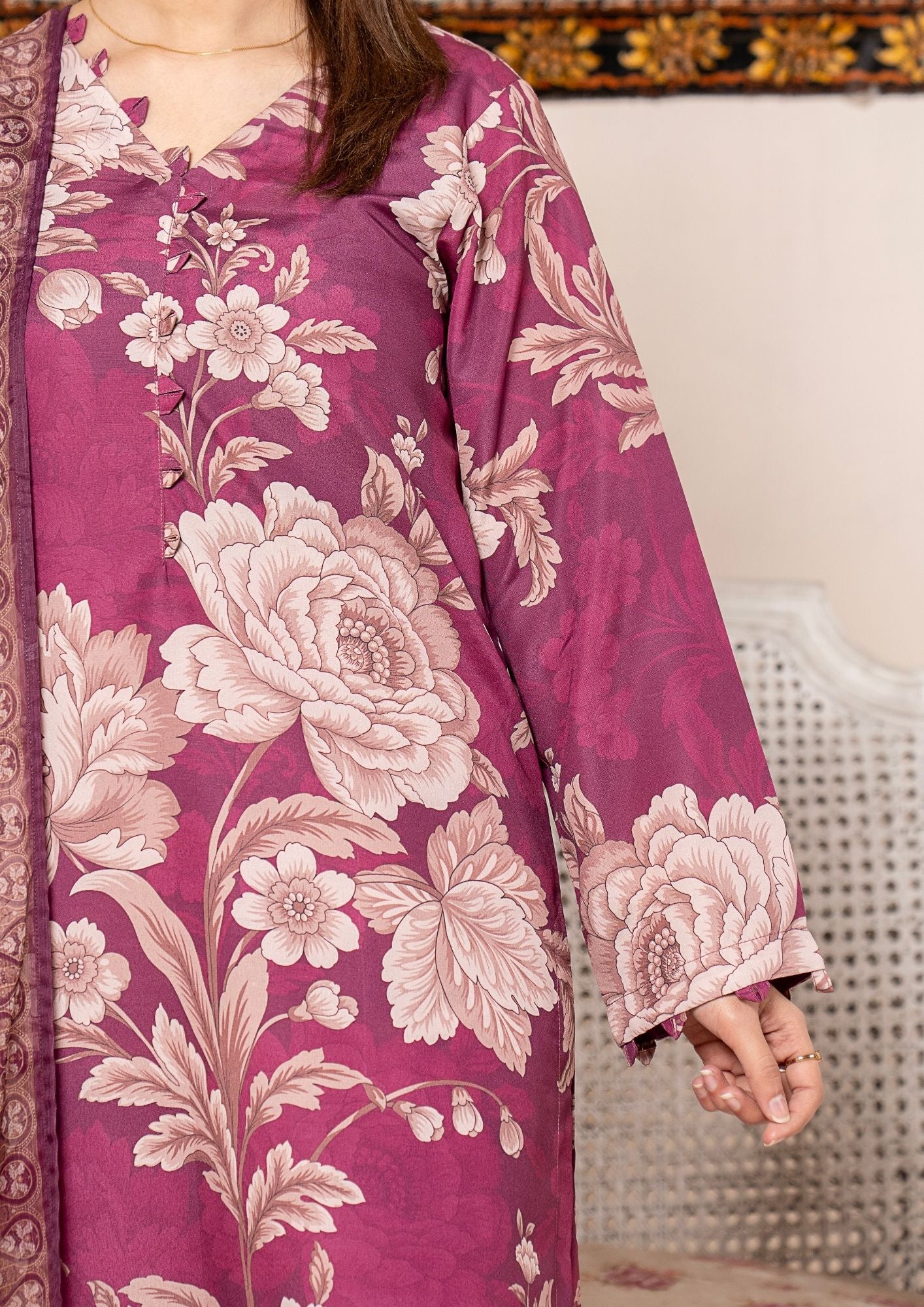 arabic lawn Kurta Set in Rose red