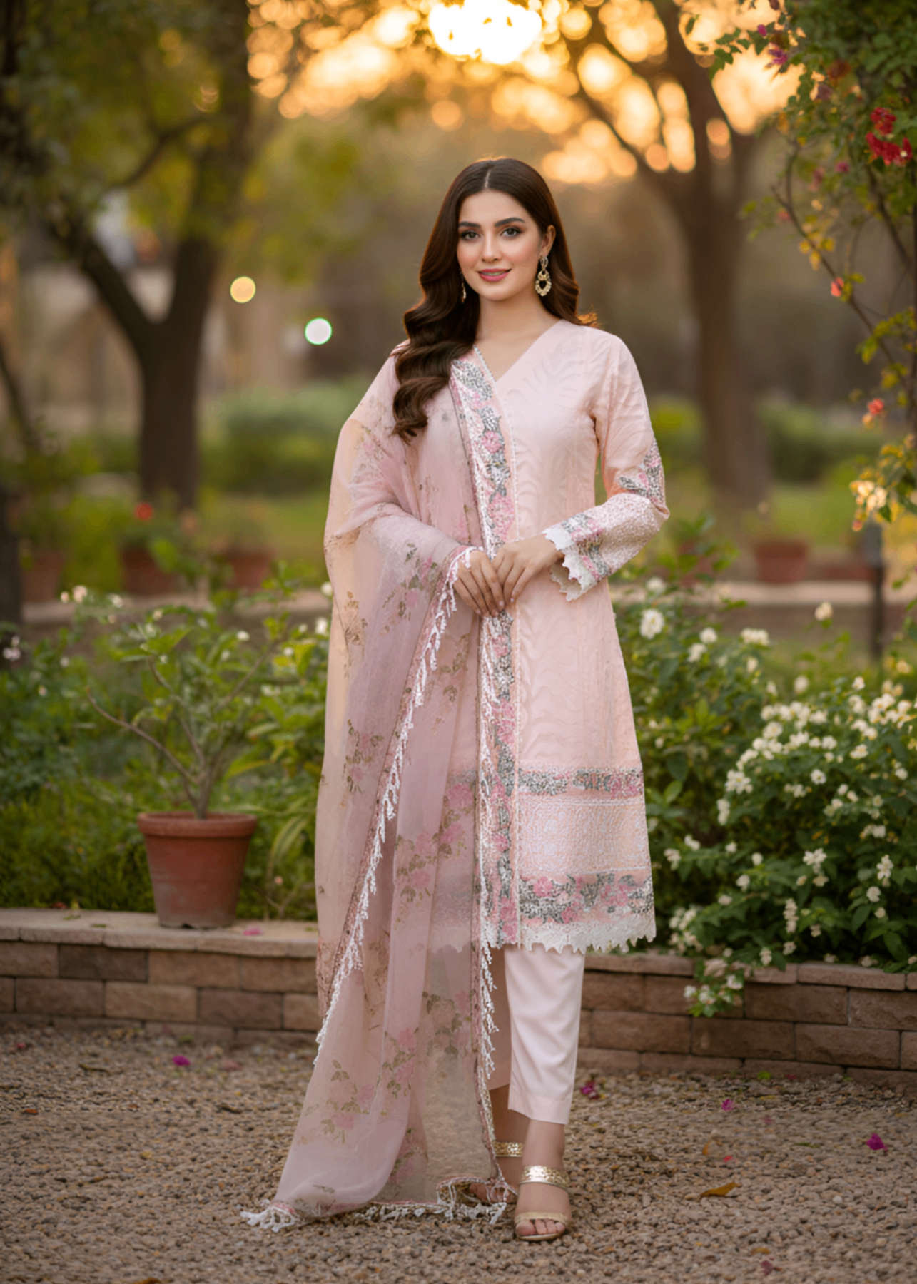 organza zari jacquard Kurta Set in Peach pink