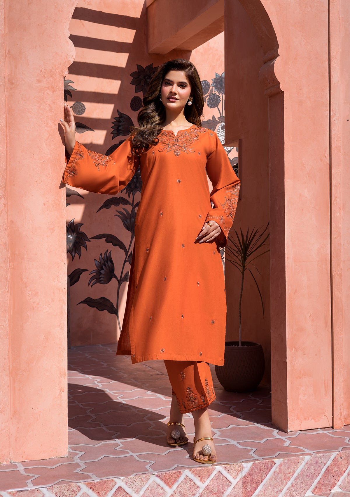 cotton Kurta Set in Persimmon