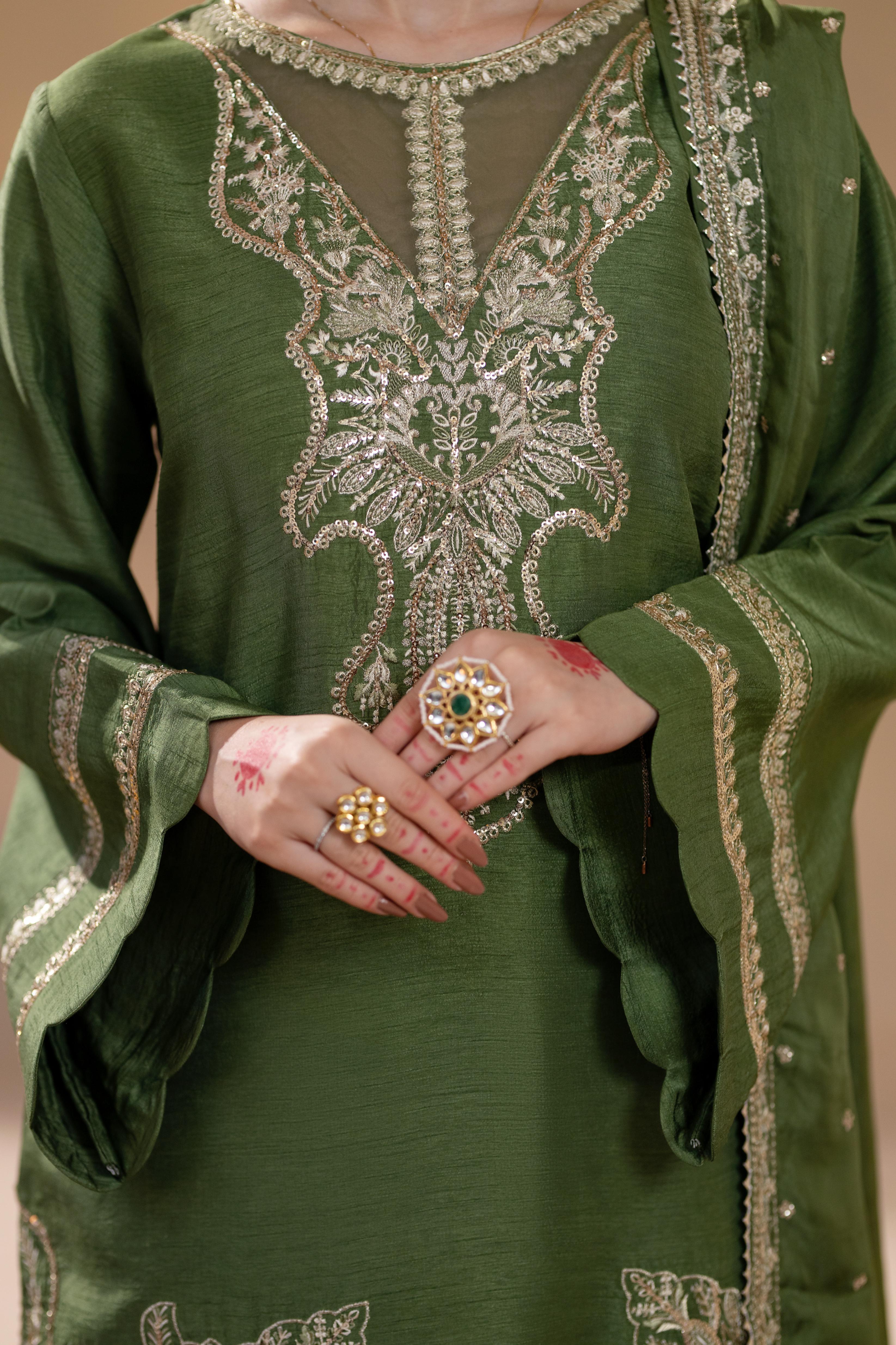 korean raw silk Kurta Set in Olive green