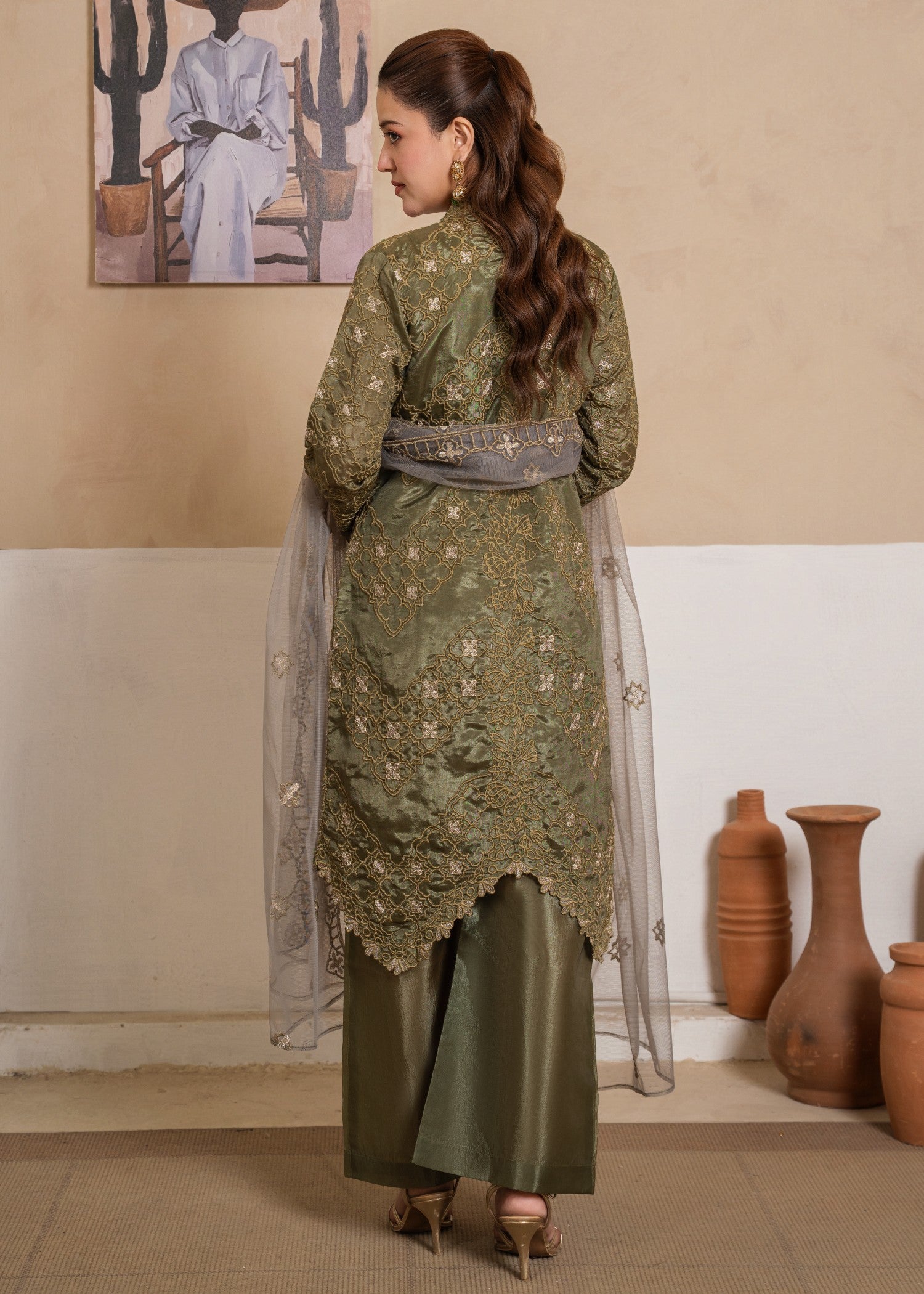 kattan silk Gown in Olive green