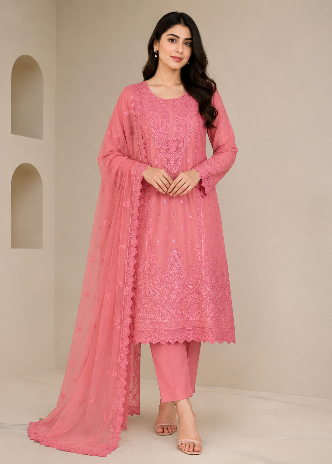 chiffon Kurta Set in Rose pink