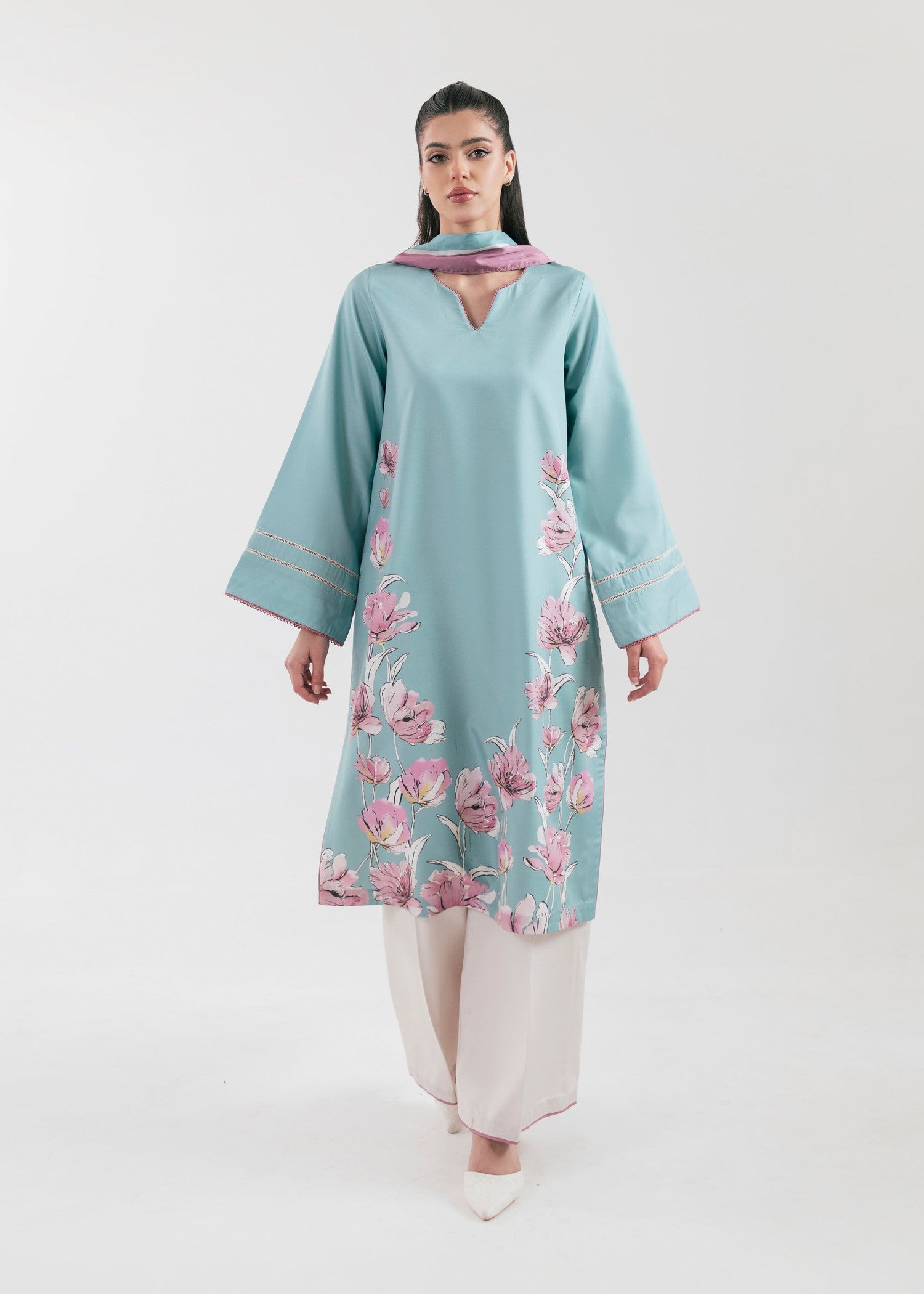poly lawn Kurta Set in Light blue