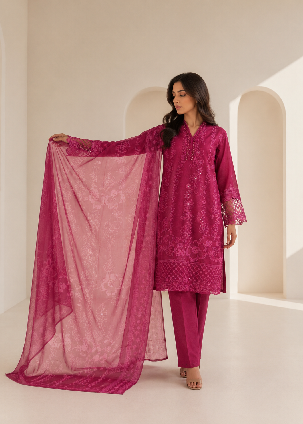 cotton Kurta Set in Shocking pink, bubblegum pink