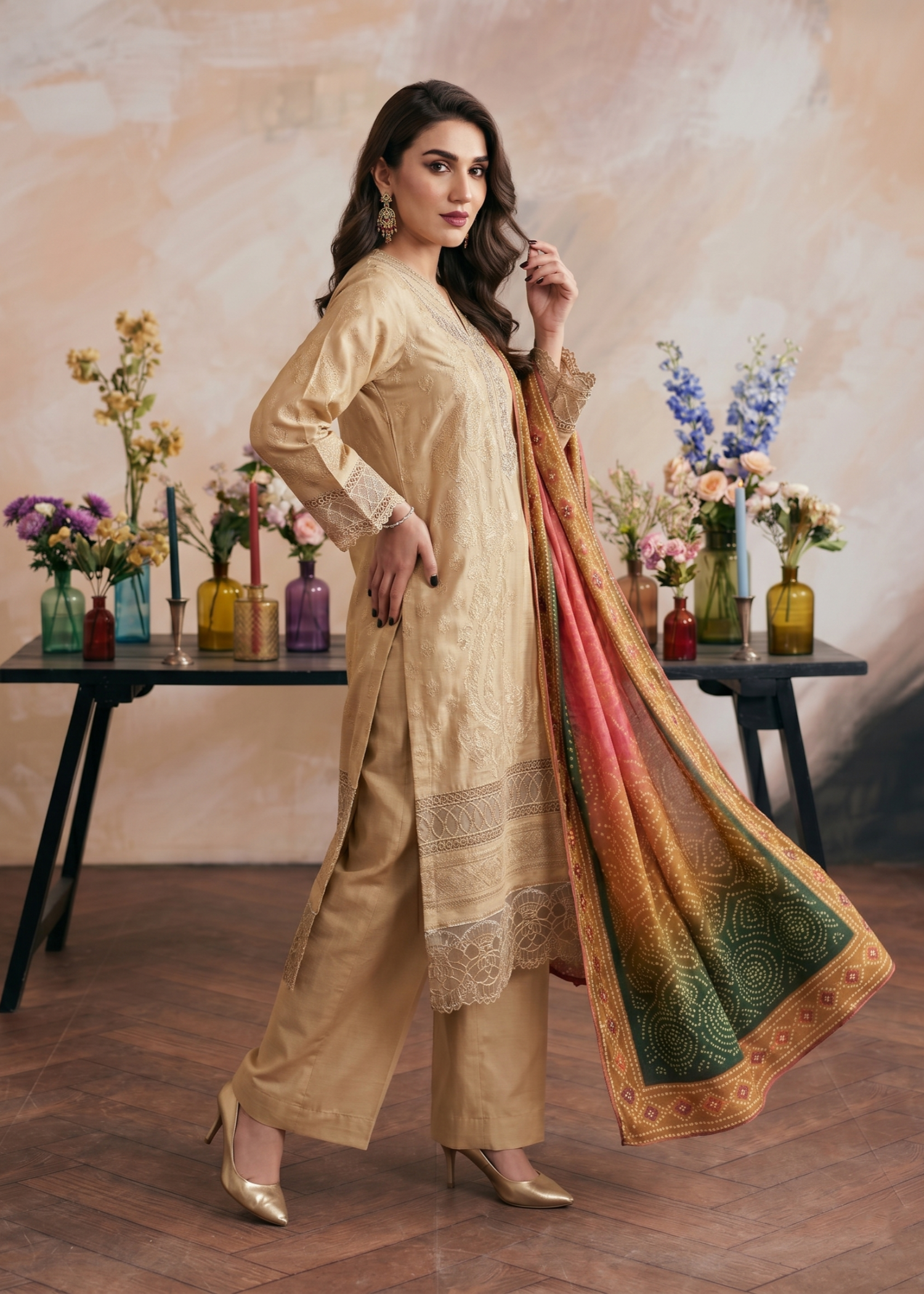 jacquard Kurta Set in Beige