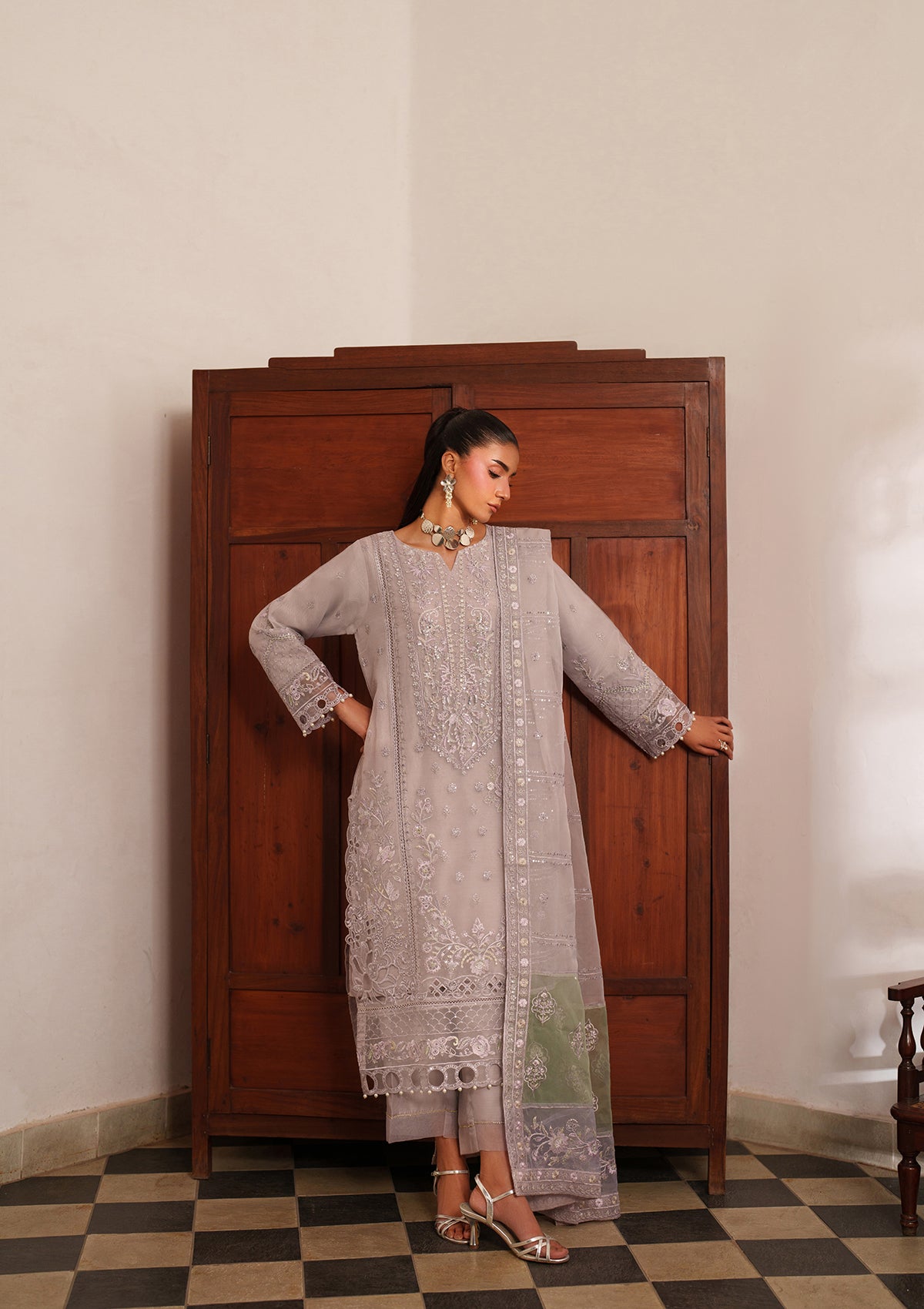 organza Kurta Set in Purple ash