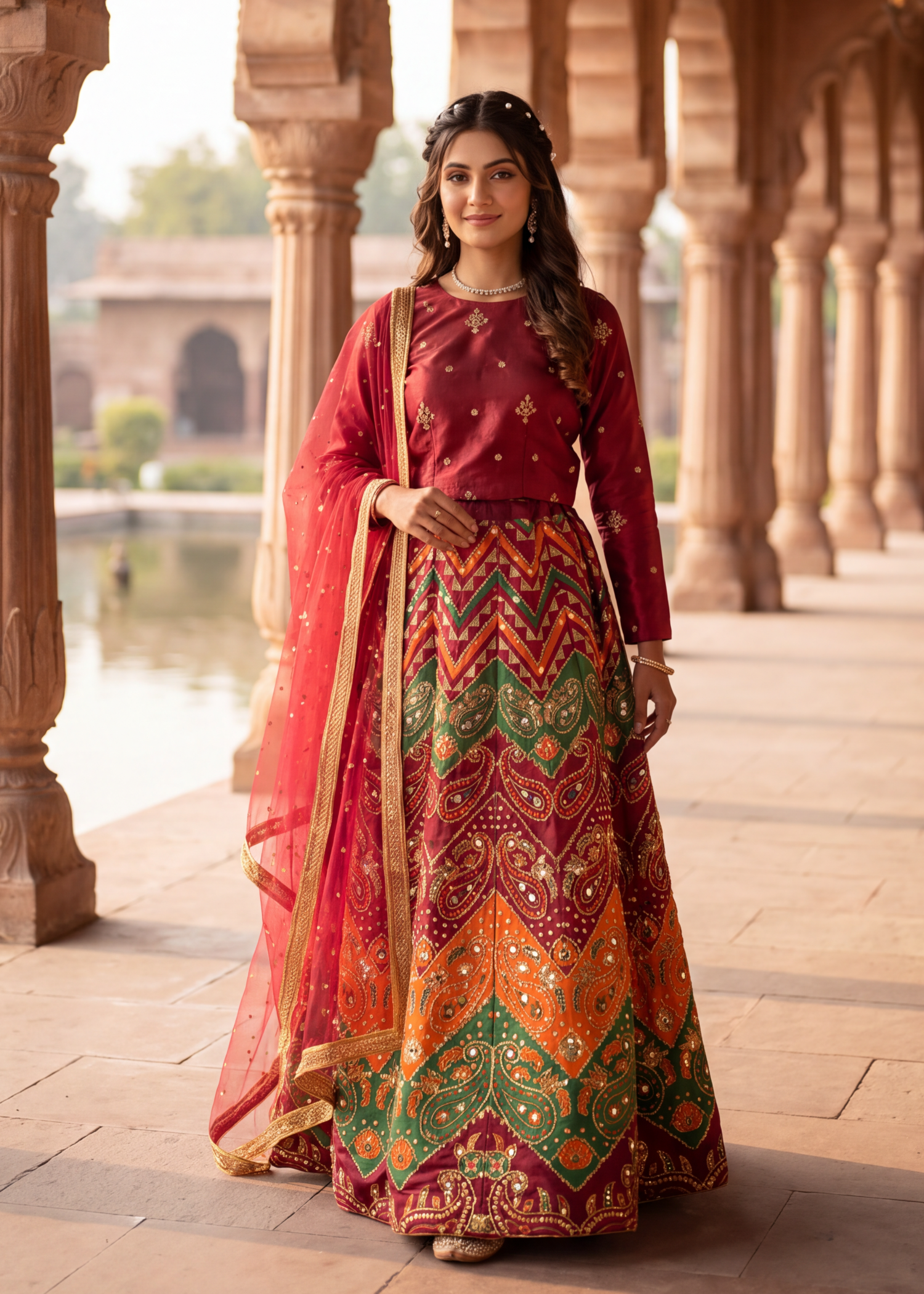 kattan silk Lehenga in Multi, maroon