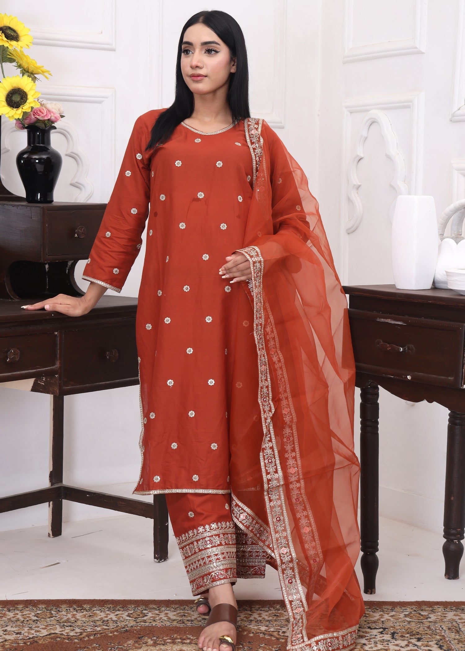 cotton Kurta Set in Copper orange