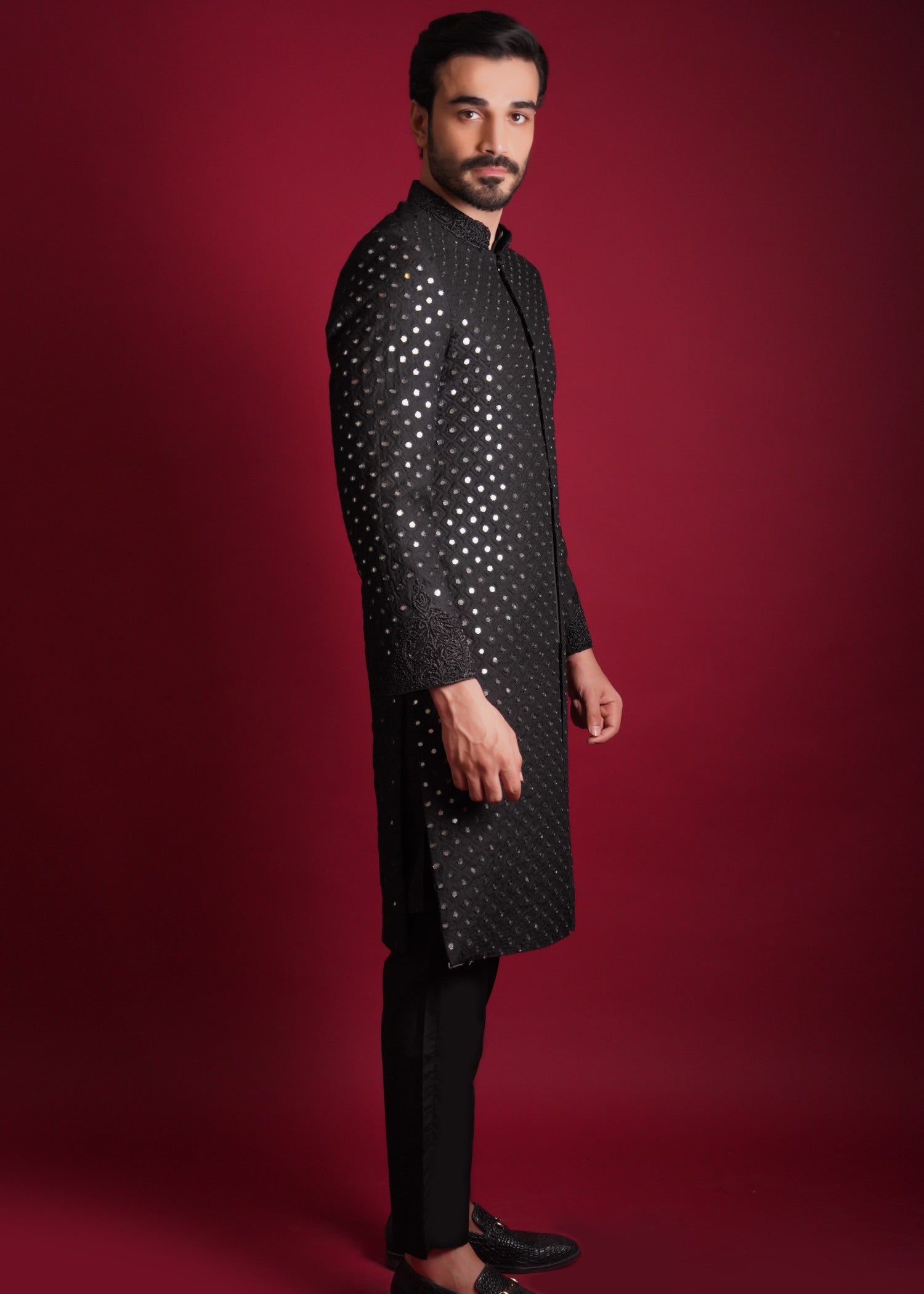 korean raw silk Sherwani in Black