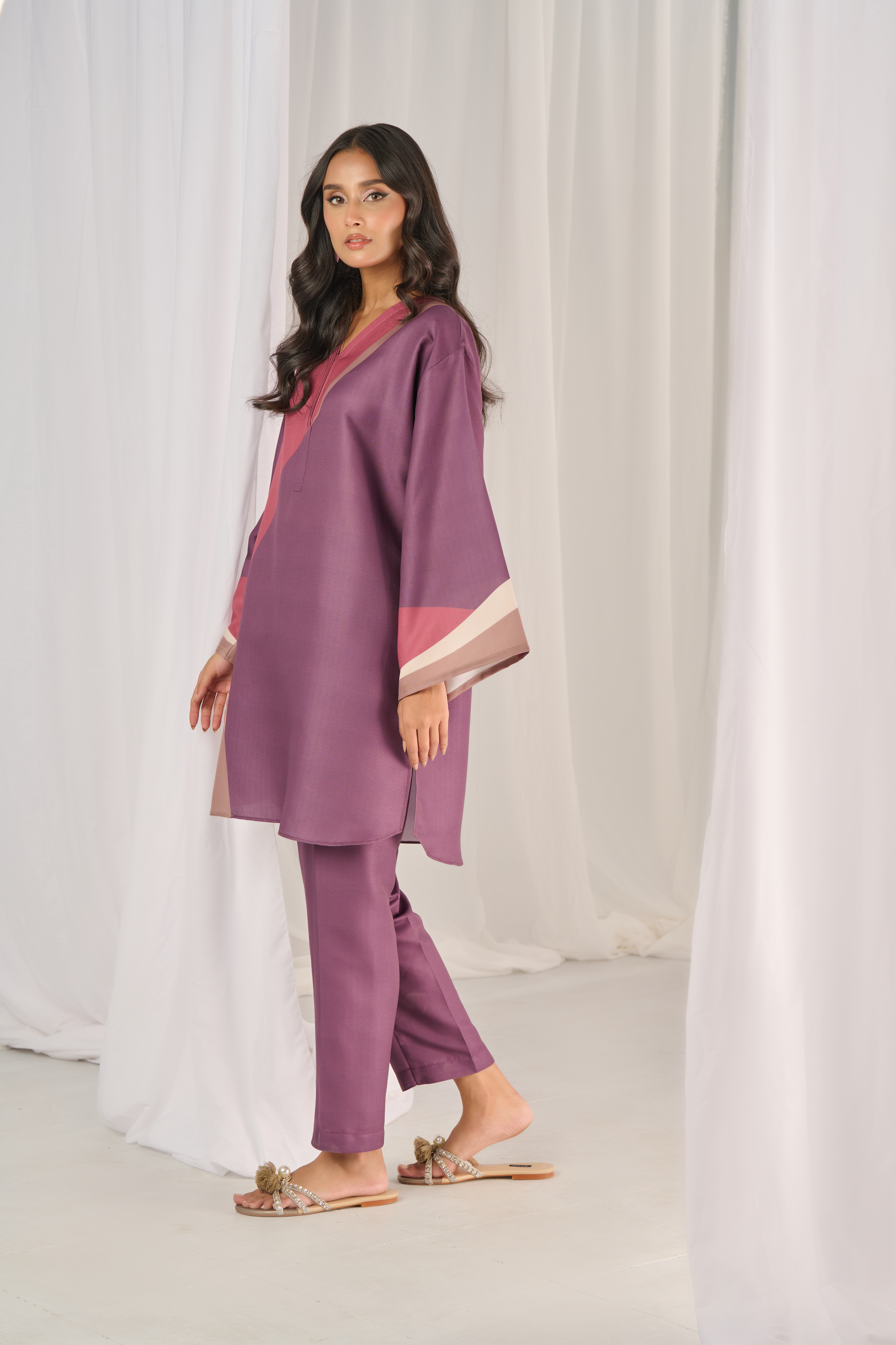 herringbone Kurta Set in Mauve