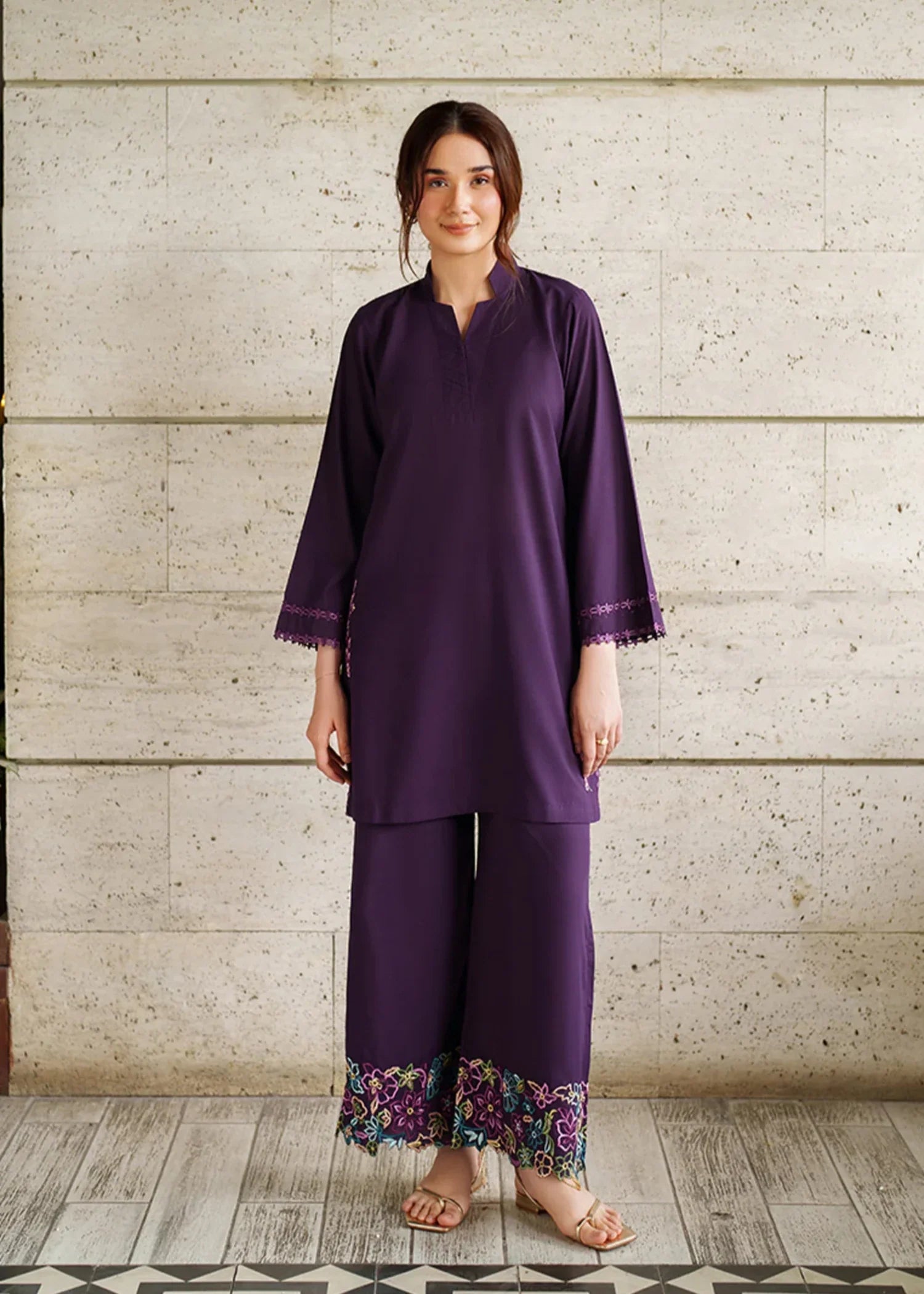 blended satin Kurta Set in Purple