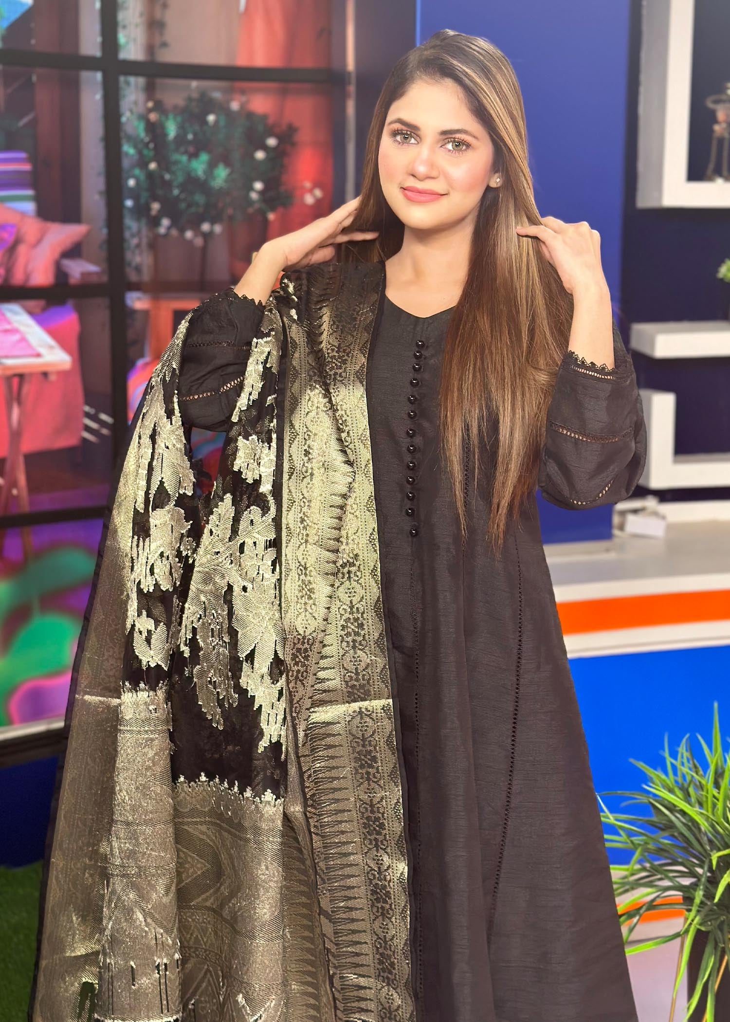 raw silk Short Frock in Black