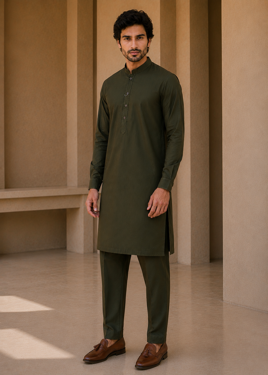 wash & wear Kurta Set in Black olive