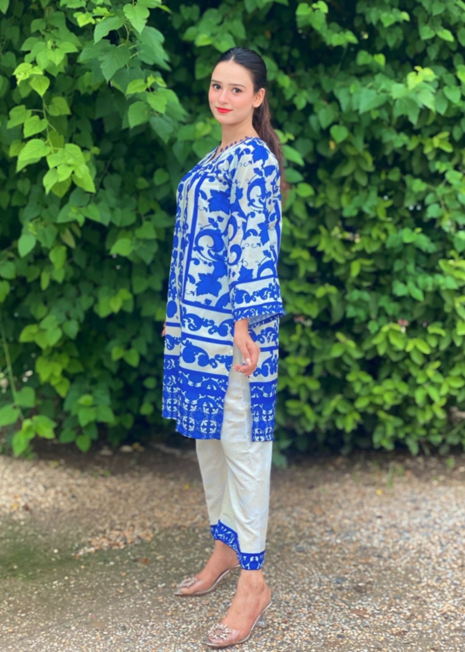 poly lawn Kurta Set in Off-white, blue