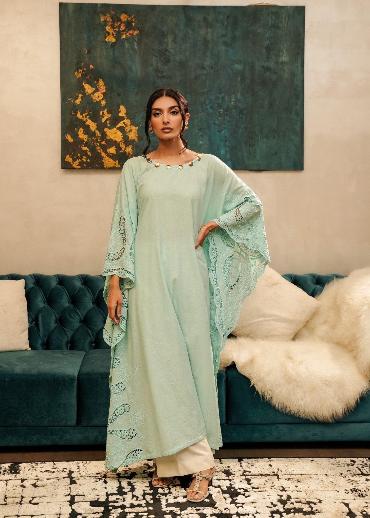 cotton Kaftan in Light cyan