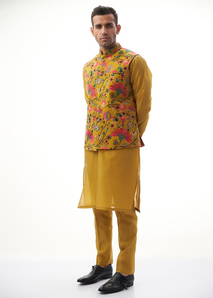 cotton karandi Waistcoat in Mustard