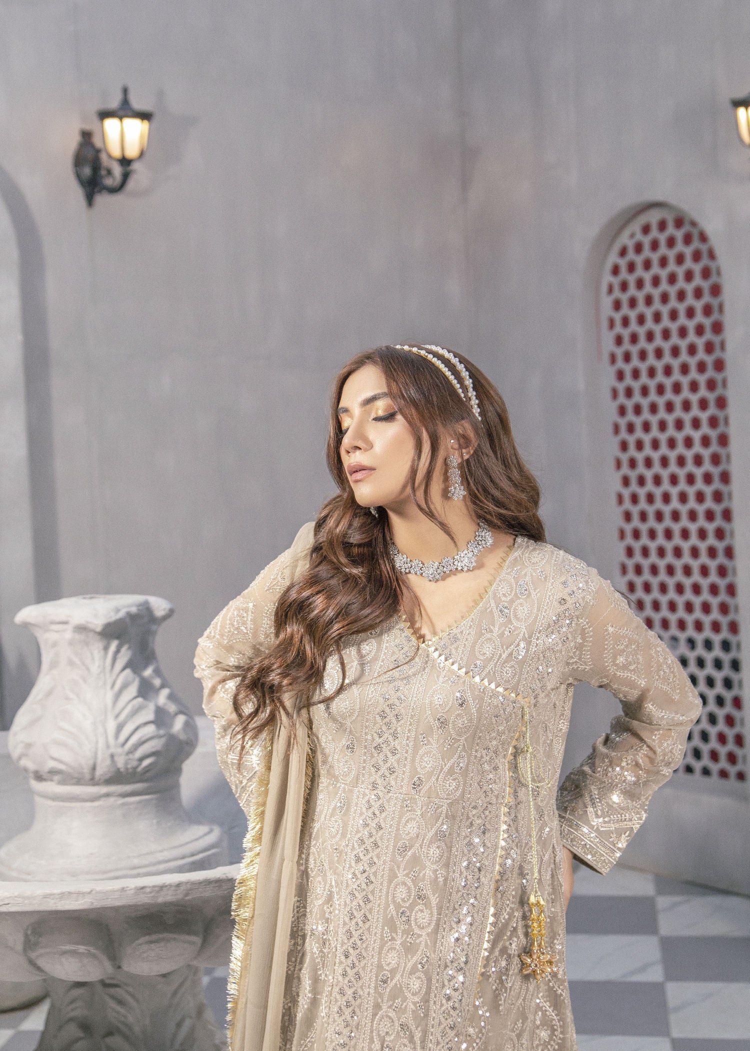 chiffon Angrakha in Beige