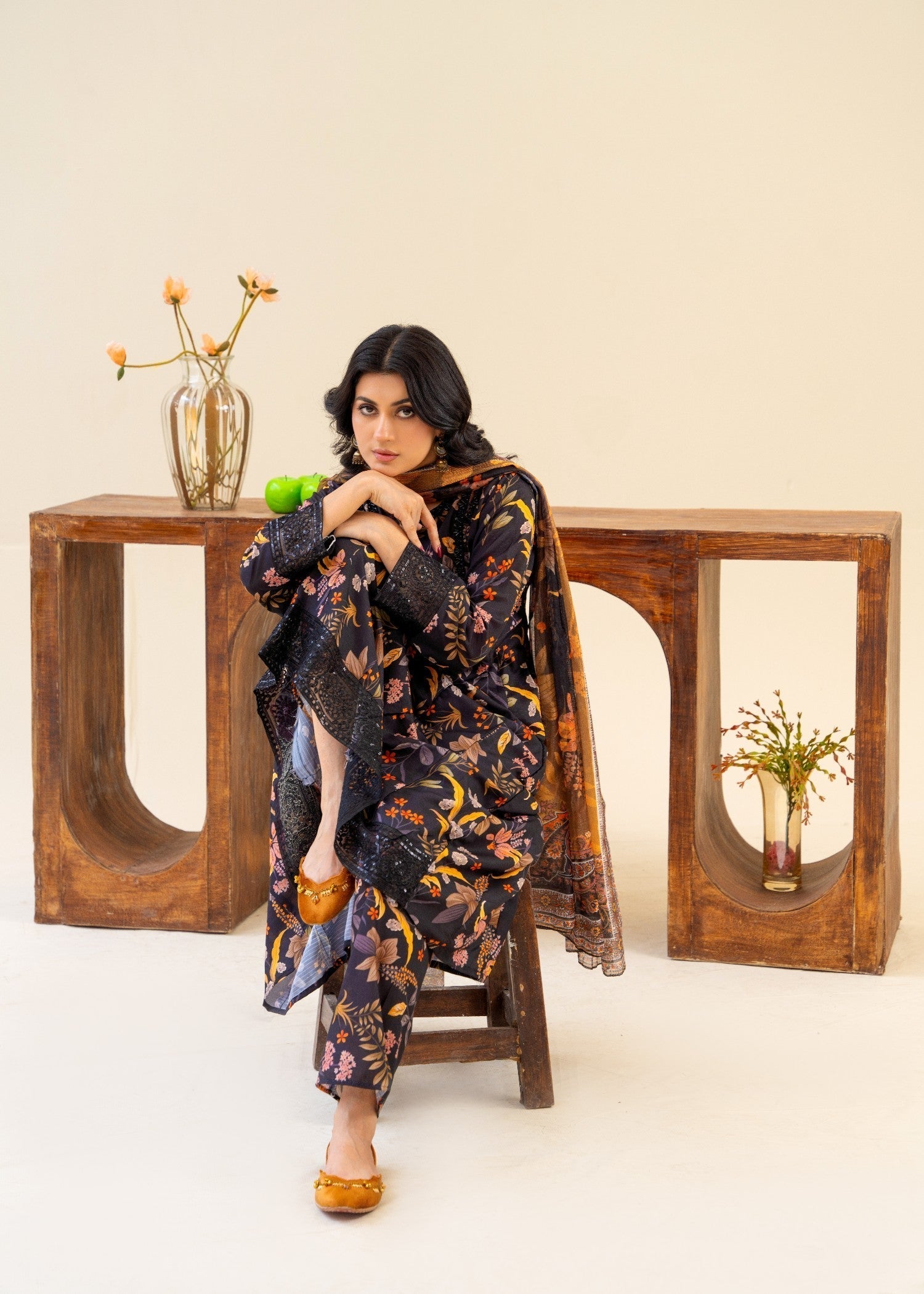 corduroy Anarkali in Black