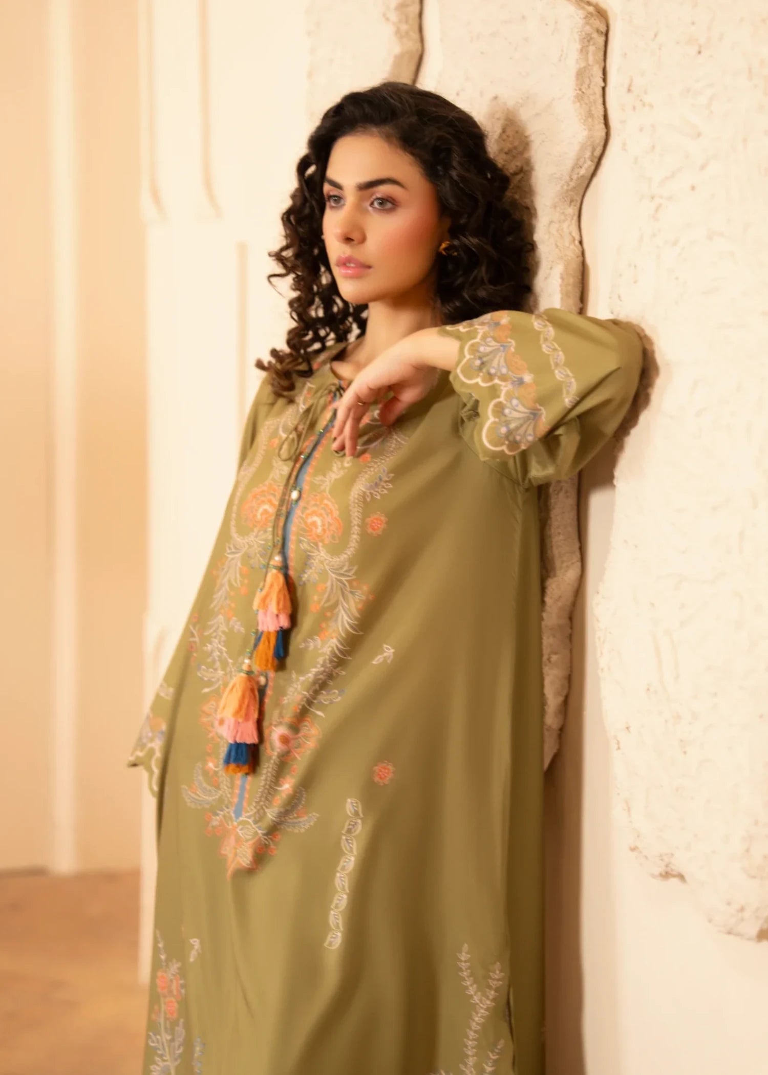 zari lawn Kaftan in Olive green