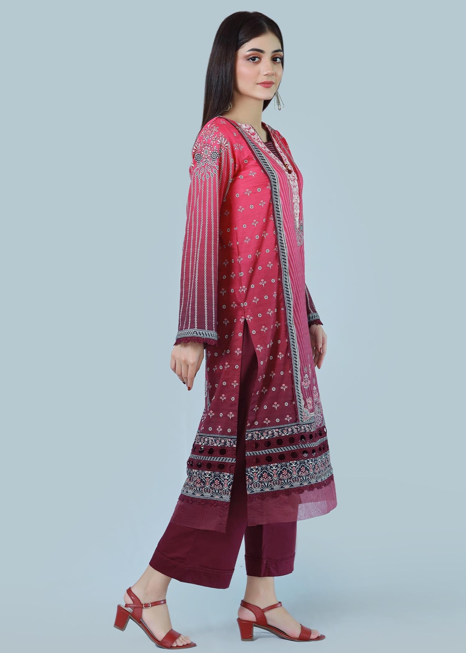 lawn Kurta Set in Maroon