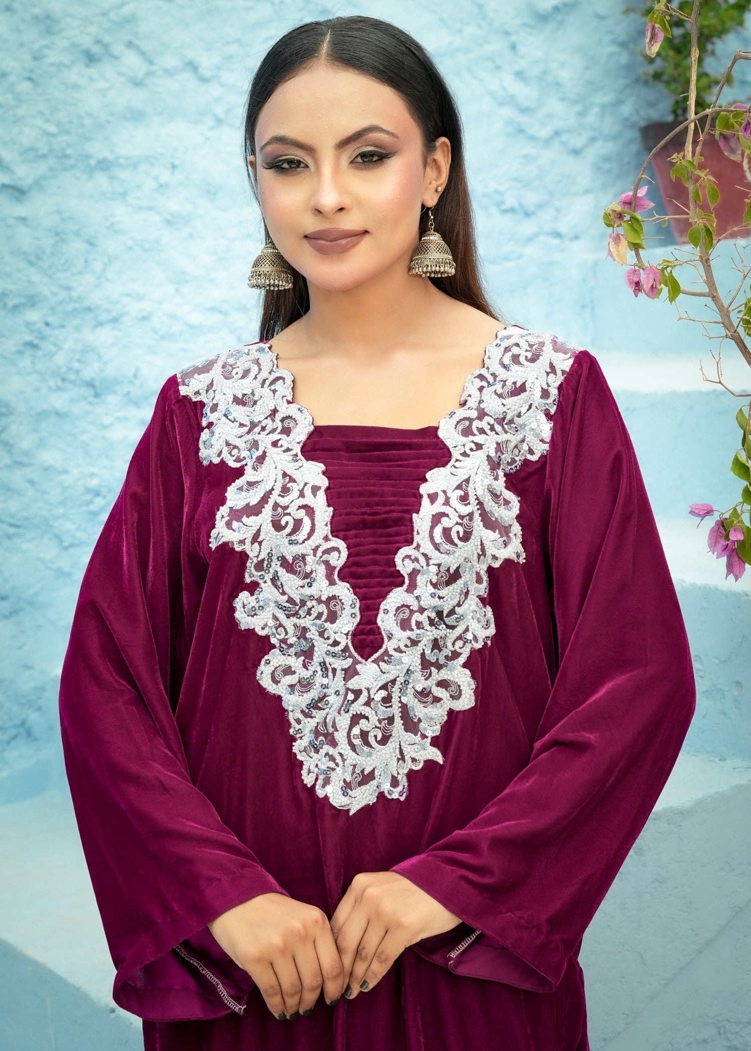 velvet Kurta Set in Plum