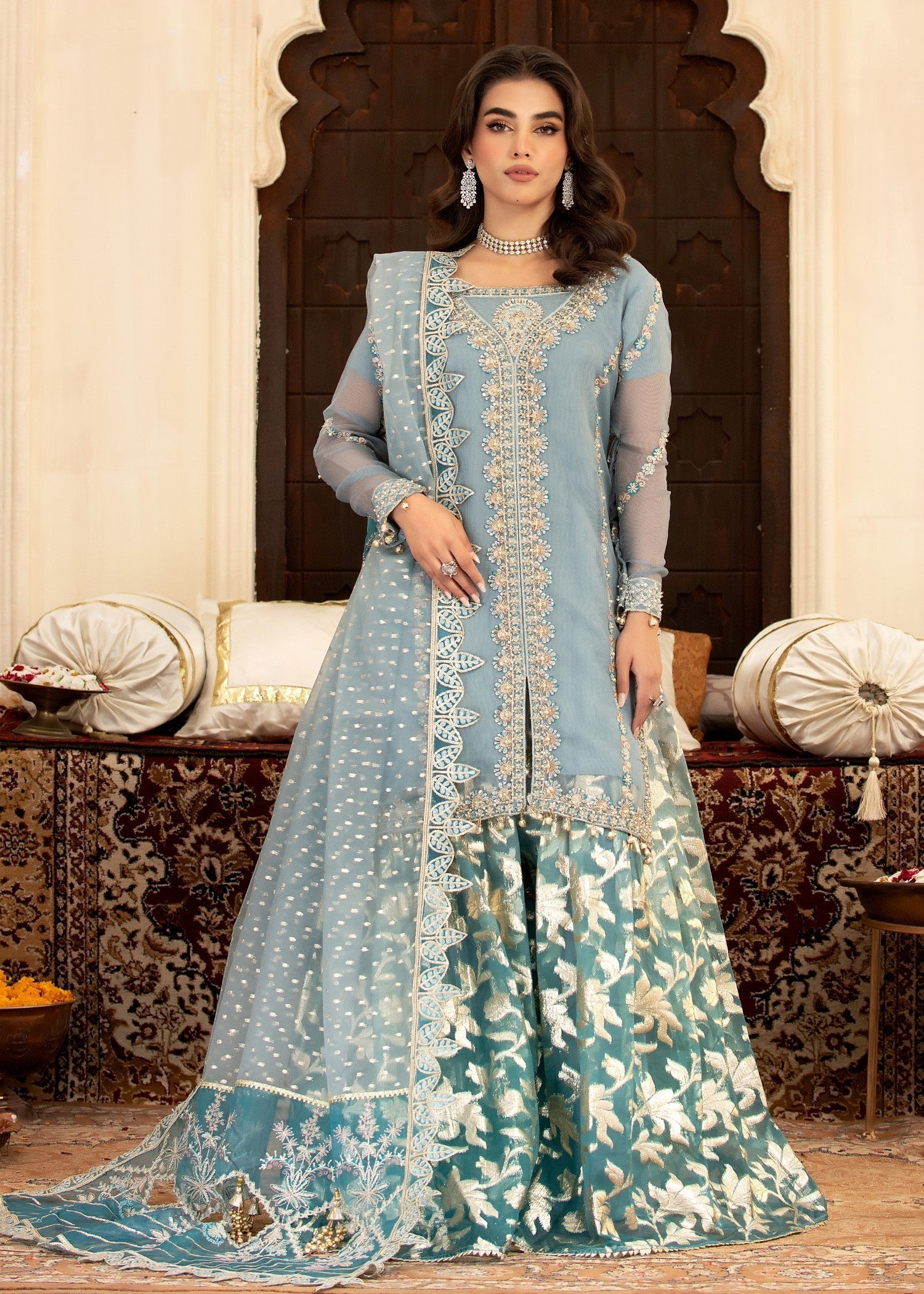 cotton net Sharara in Sky blue