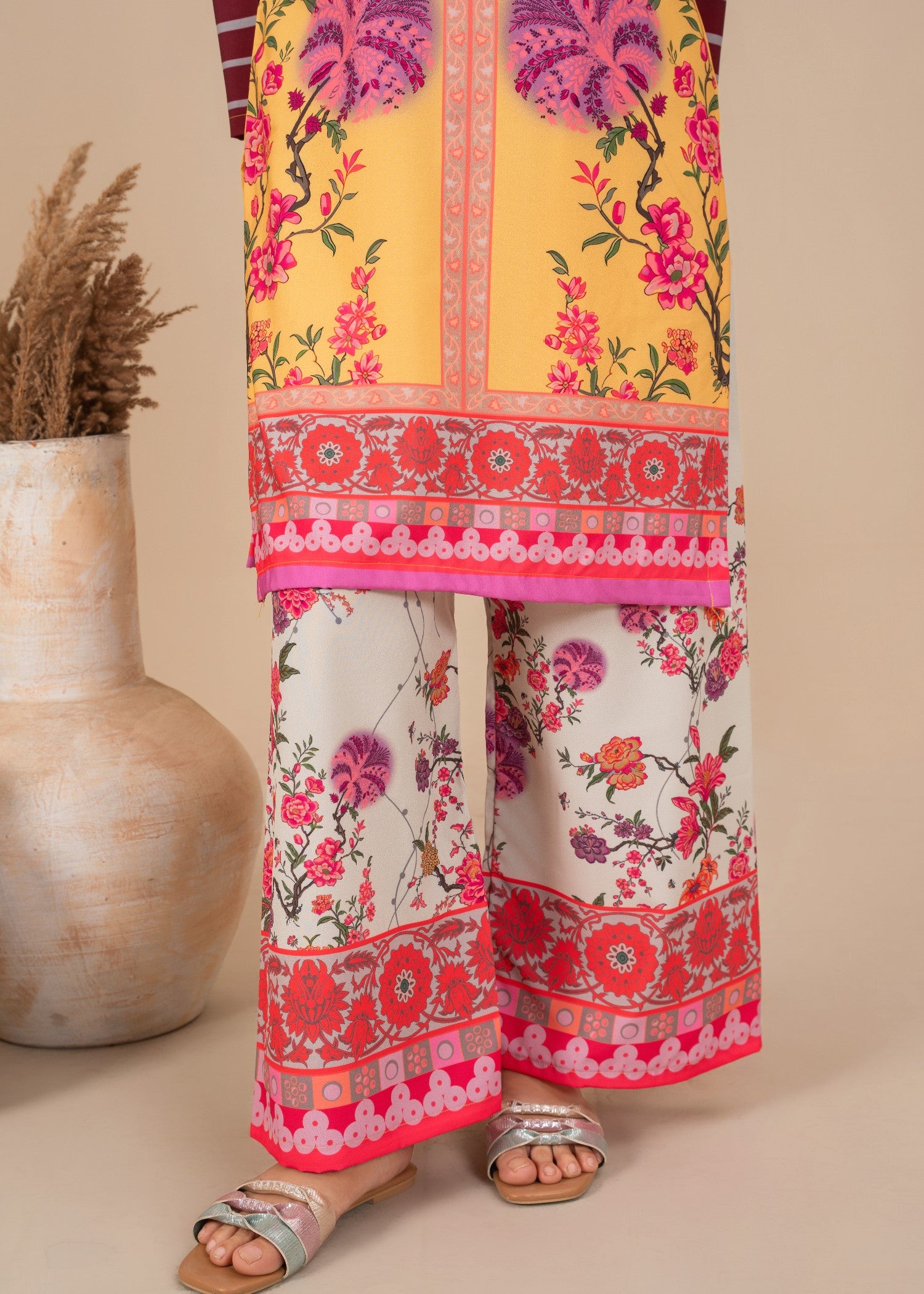 crepe Kurta Set in Yellow-orange