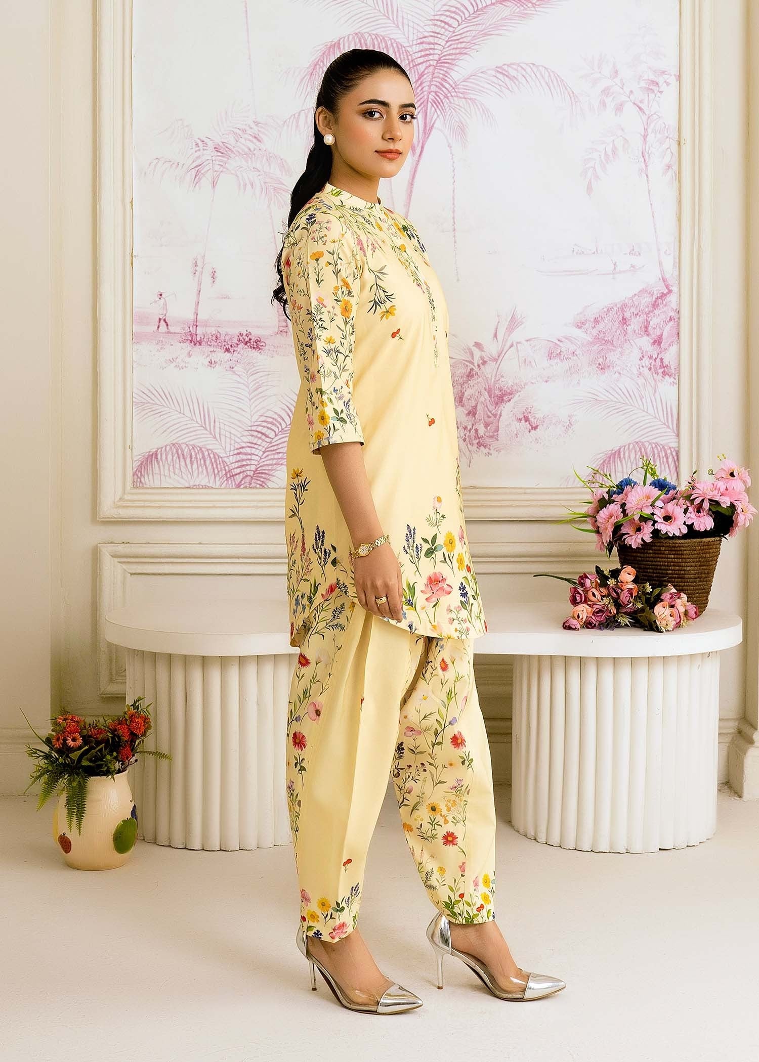 silk finish lawn Co Ord Sets in Lemon