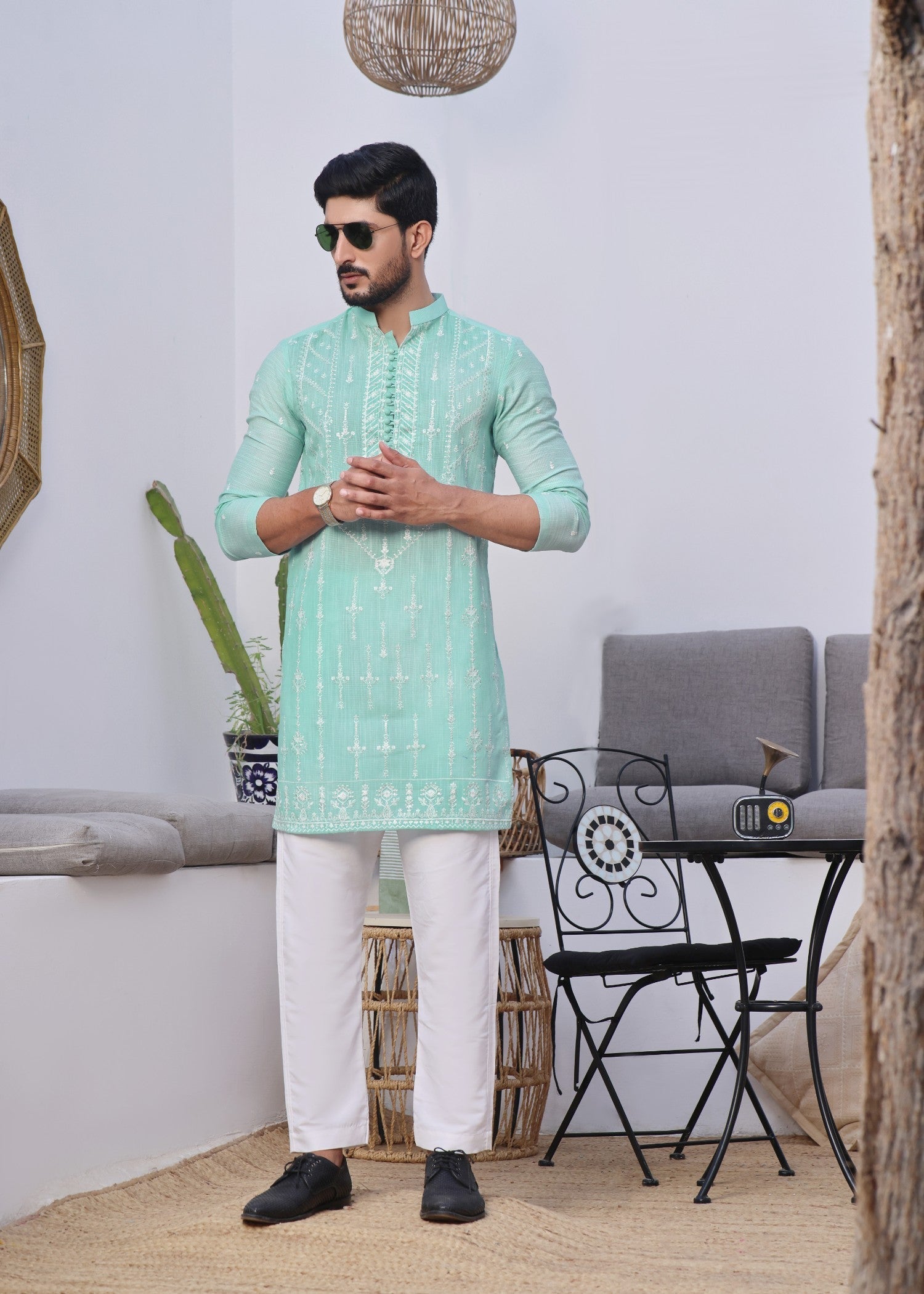 khaddi net Kurta Set in Sky blue