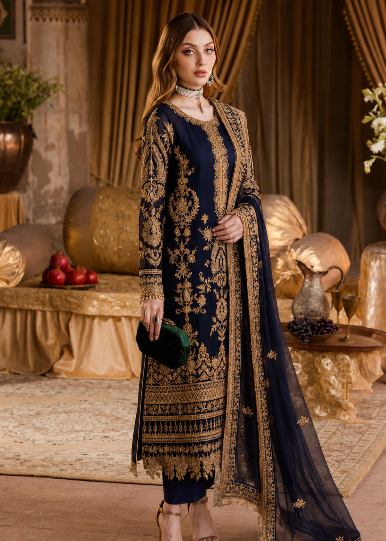 bemberg crinkle chiffon Kurta Set in Moonlight blue