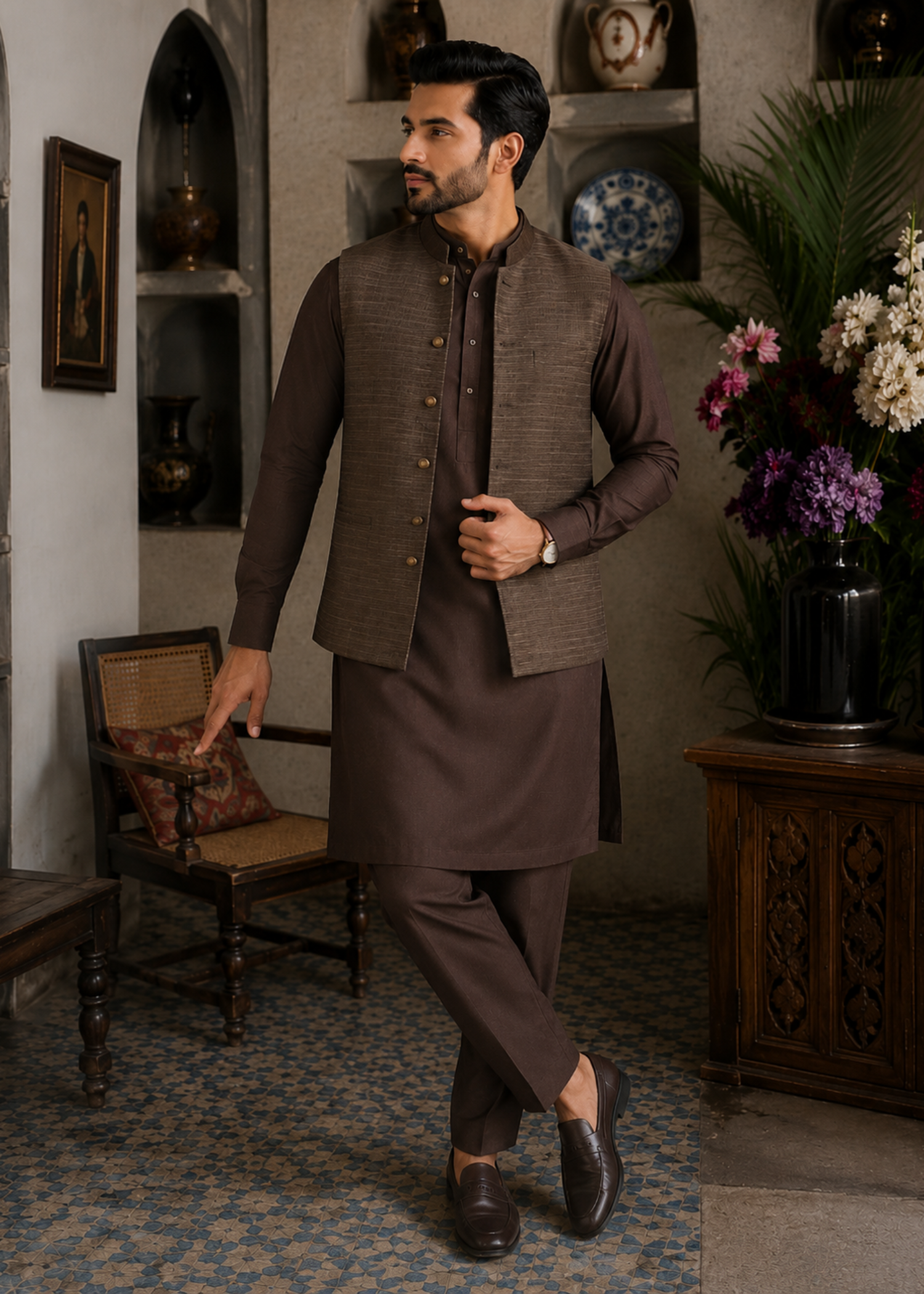 textured wash & wear Waistcoat in Copper