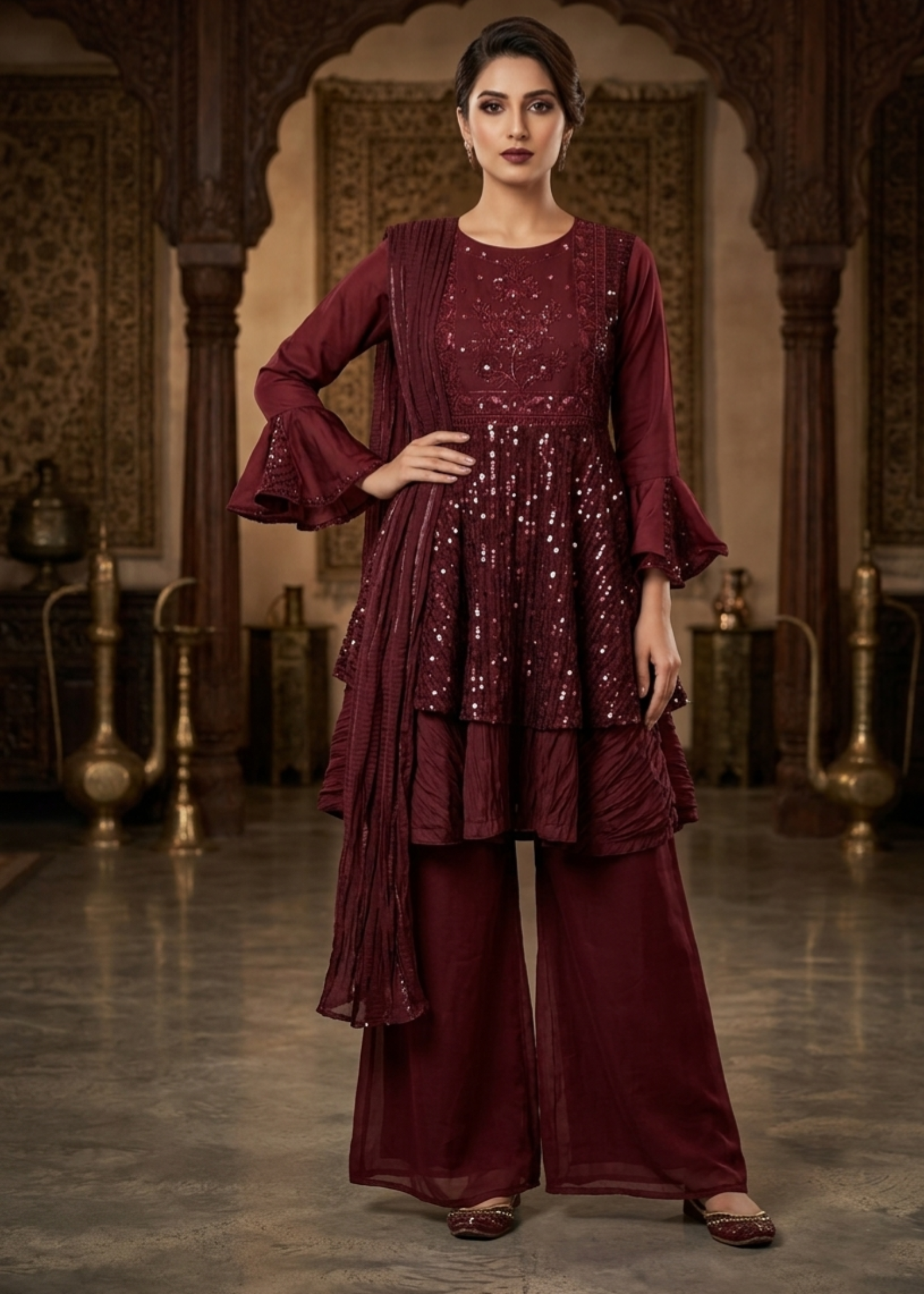 satin silk Short Frock in Maroon