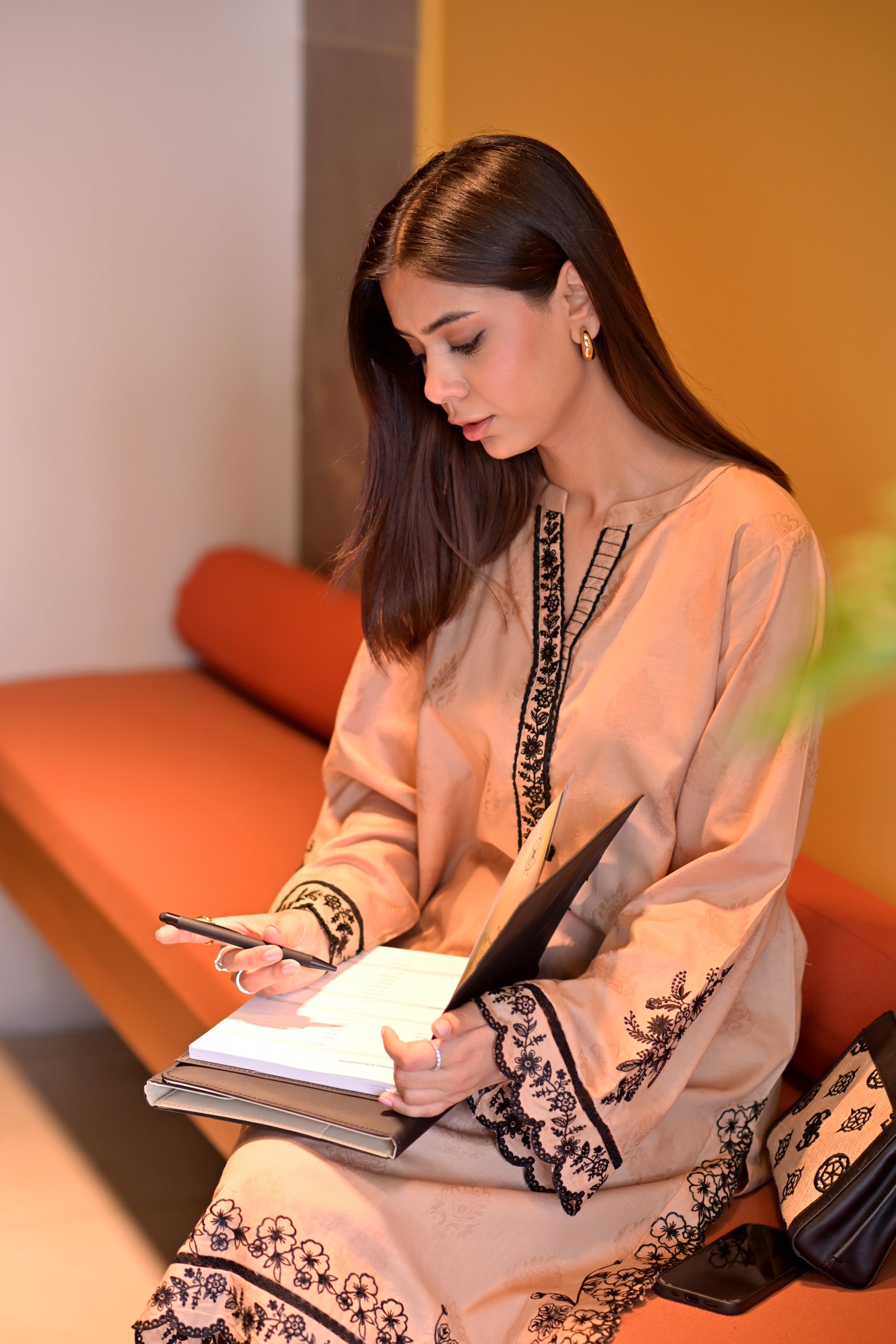 jacquard Kurti in Tan brown