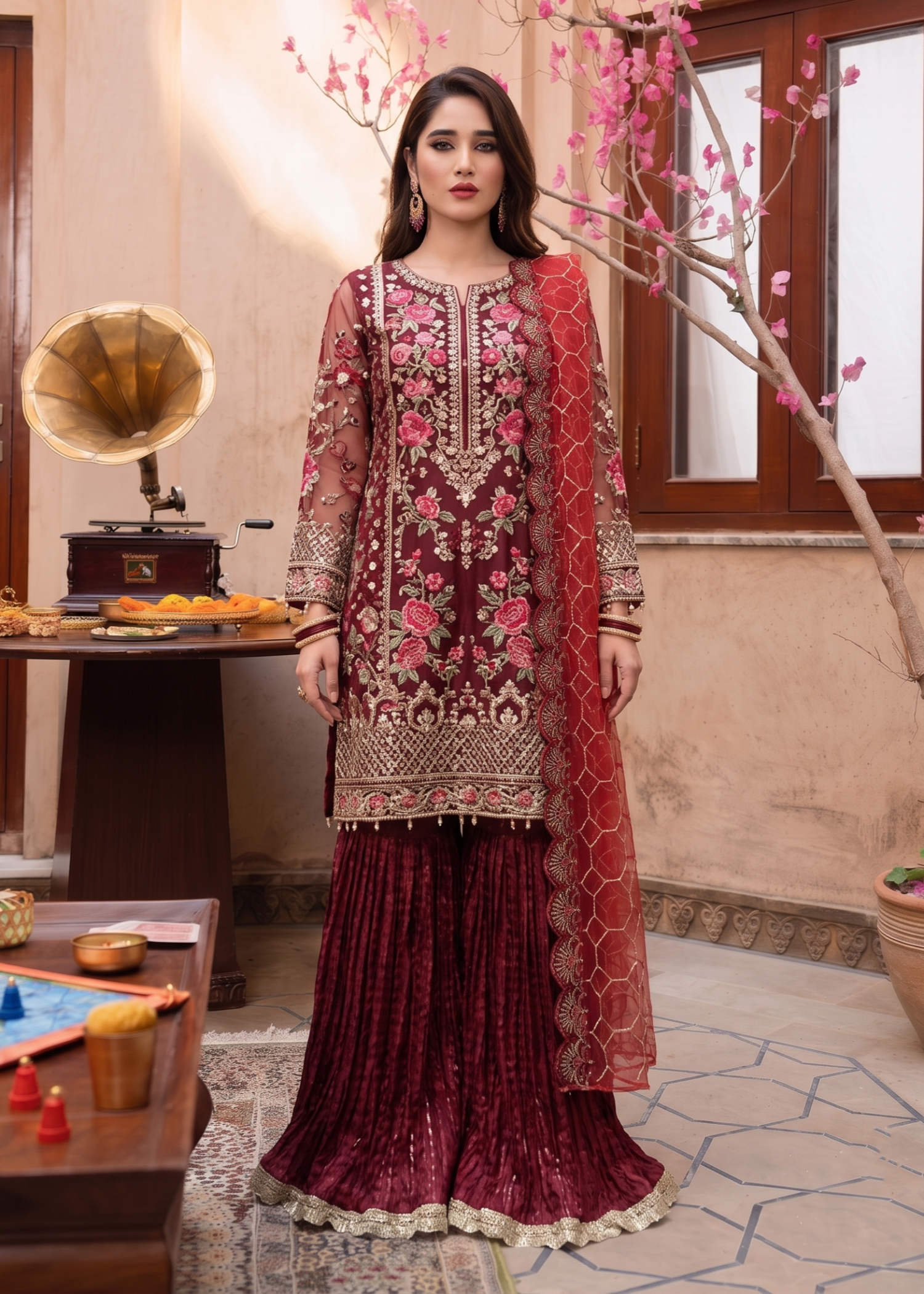 organza Gharara in Maroon