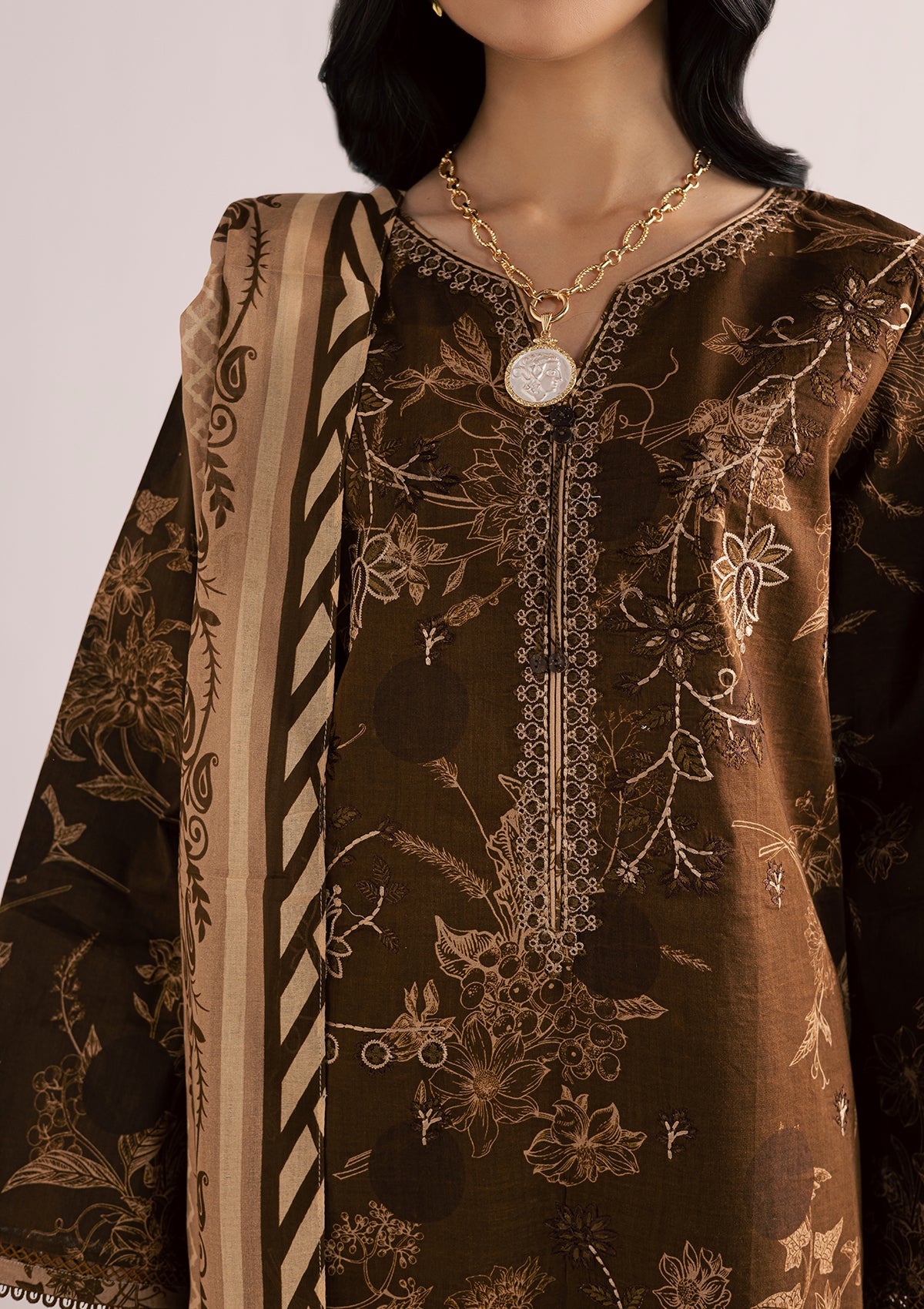 lawn Kurta Set in Dark brown