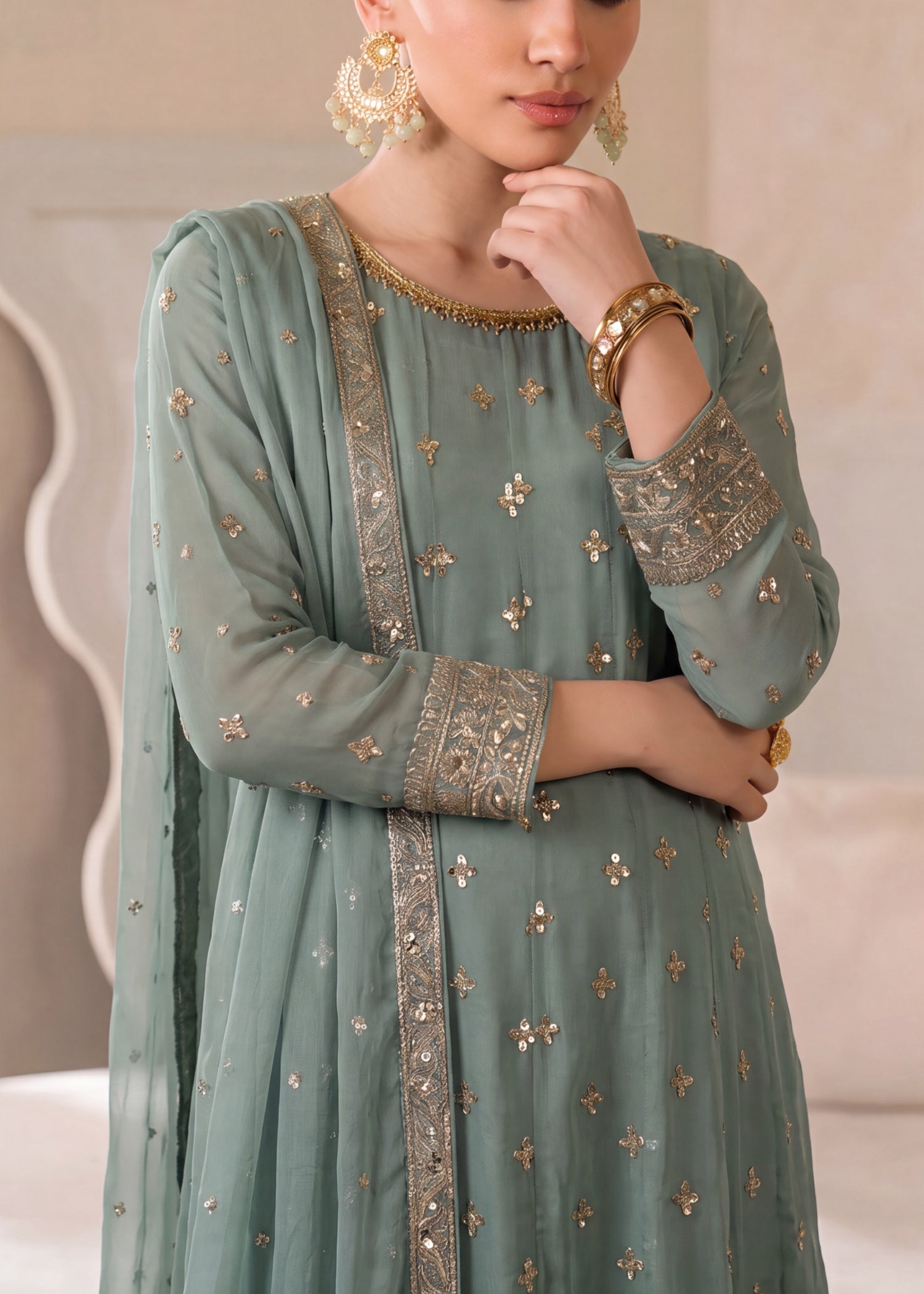 chiffon Pishwas in Moss green